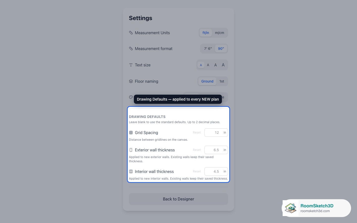 The Settings page scrolled to the Drawing Defaults section, highlighted — RoomSketch3D floor plan creator