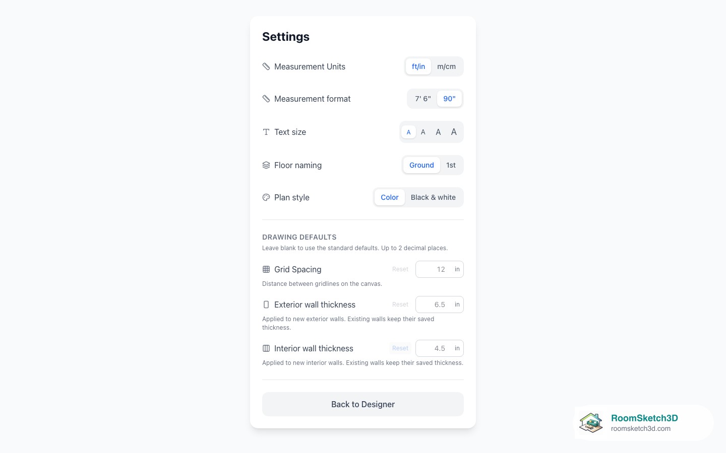 Drawing Defaults after pressing Reset next to each field — RoomSketch3D home design app