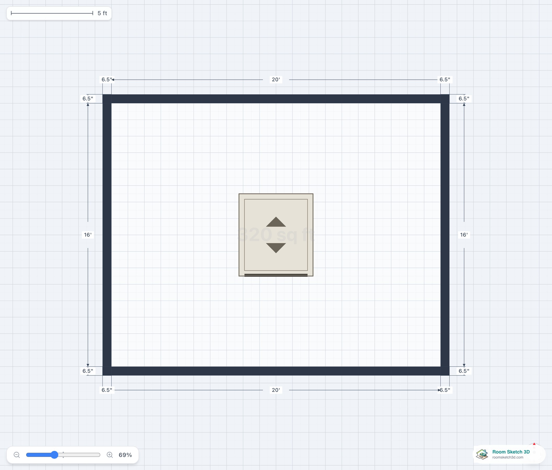 An elevator shaft placed on the 2D floor plan — RoomSketch3D 3D floorplan software
