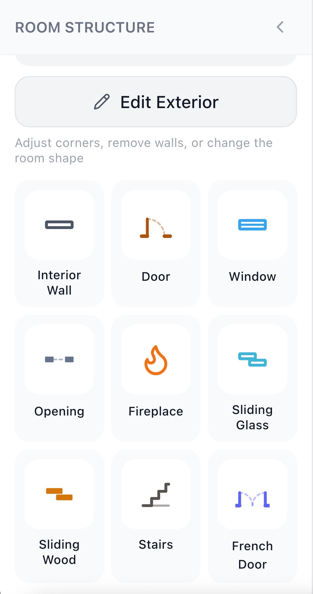 The left rail in RoomSketch3D showing the Door, French Door, Sliding Glass, and Sliding Wood tiles