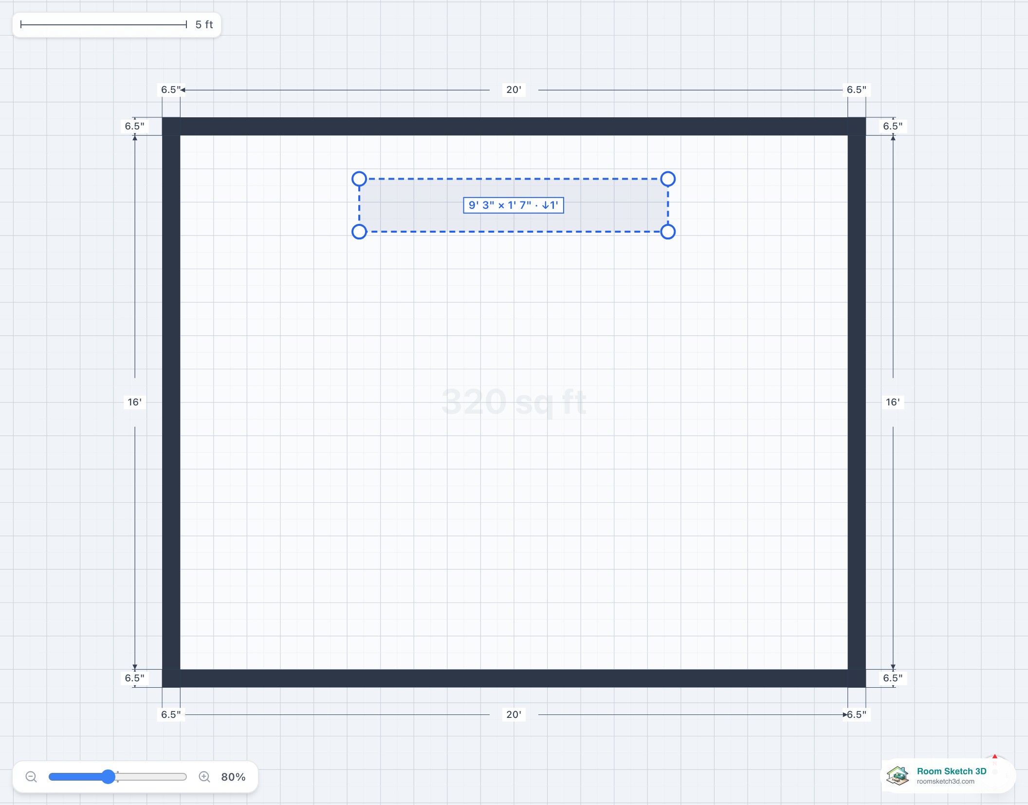A bulkhead placed on the 2D floor plan — RoomSketch3D floor plan creator