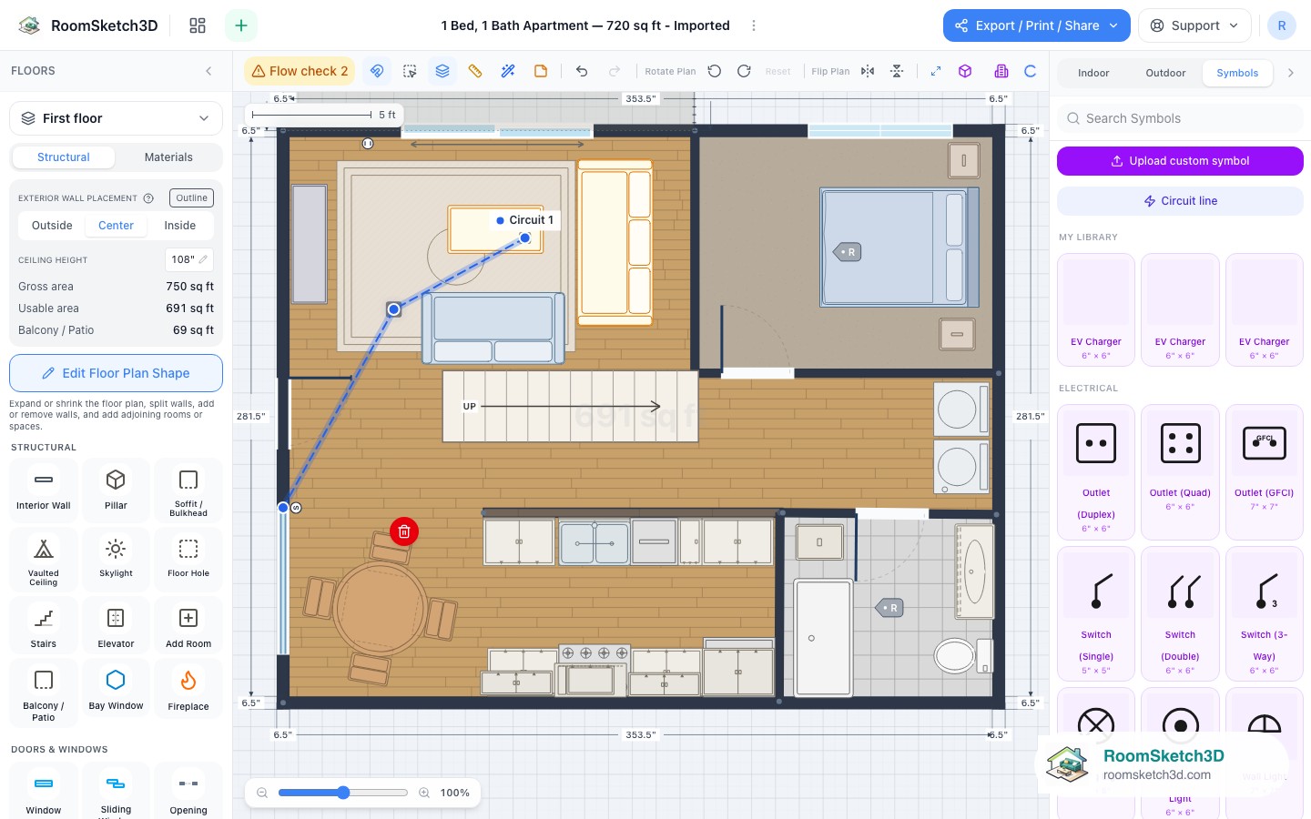 A ceiling light moved across the room with the circuit line re-routed to follow it in RoomSketch3D