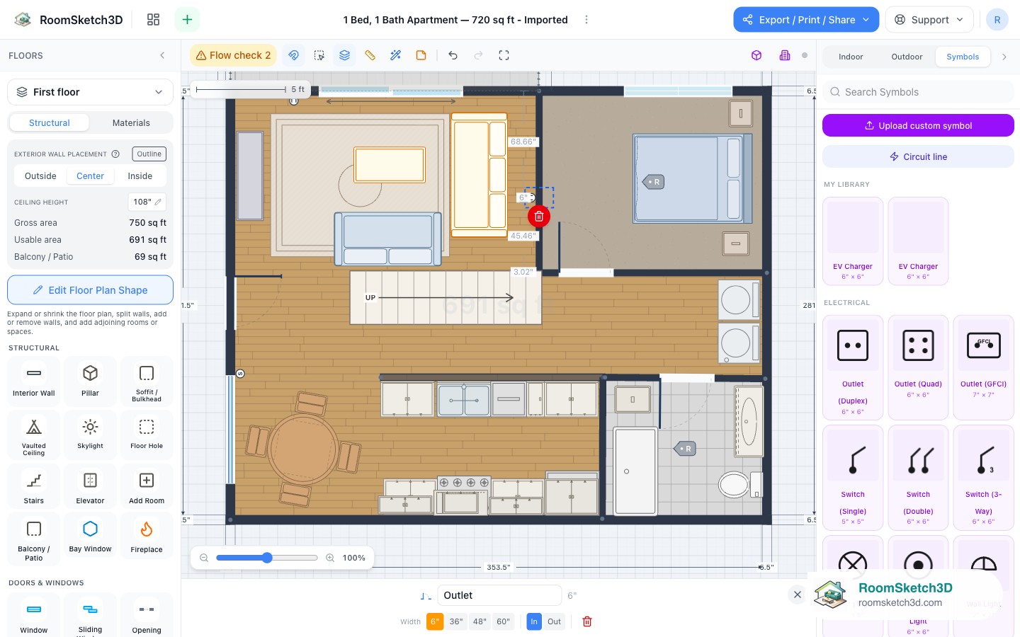 An outlet on an interior wall in RoomSketch3D with the In / Out side toggle highlighted in the inspector