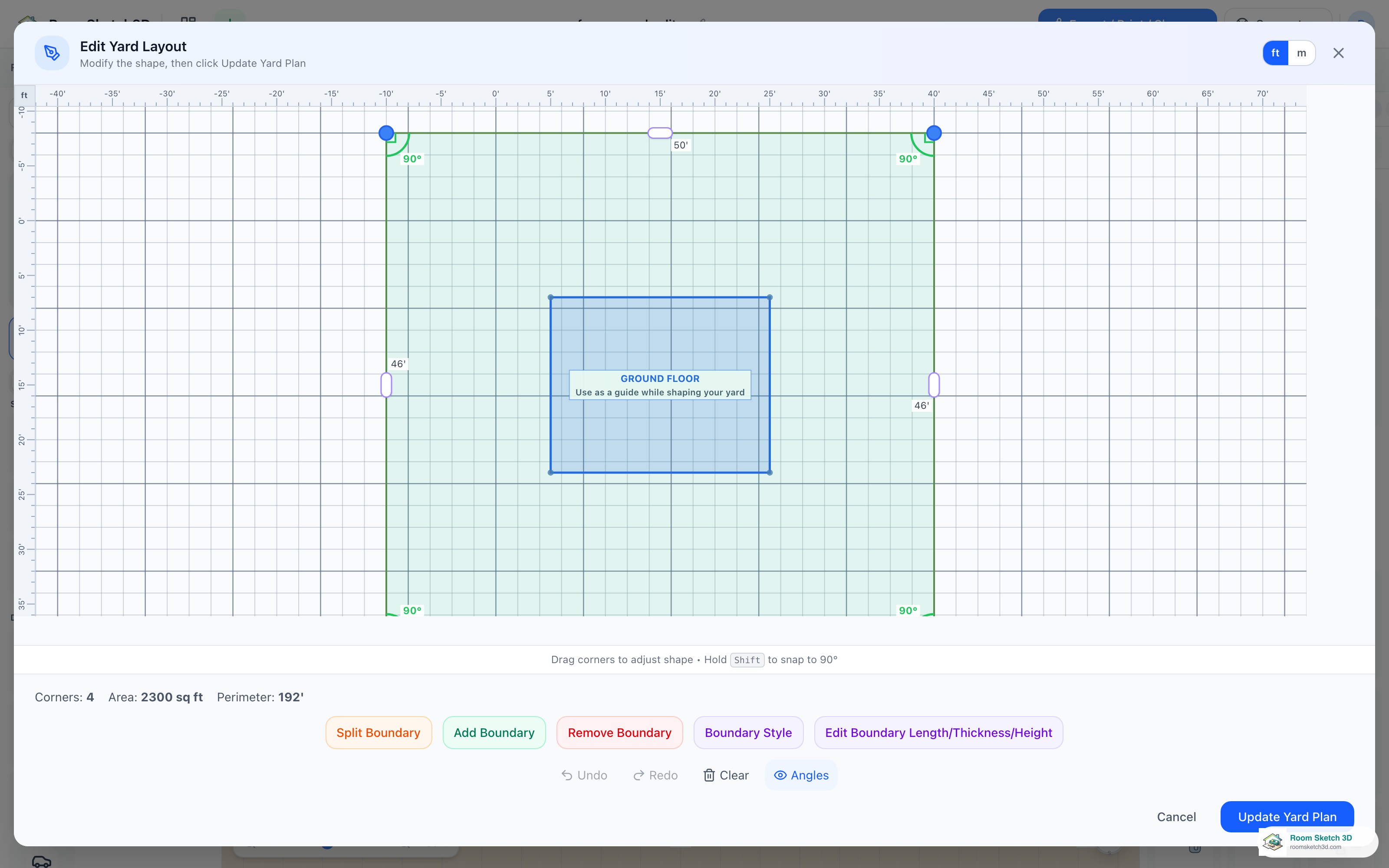 The Edit Yard Layout editor showing the property boundary around the house — RoomSketch3D floor planner