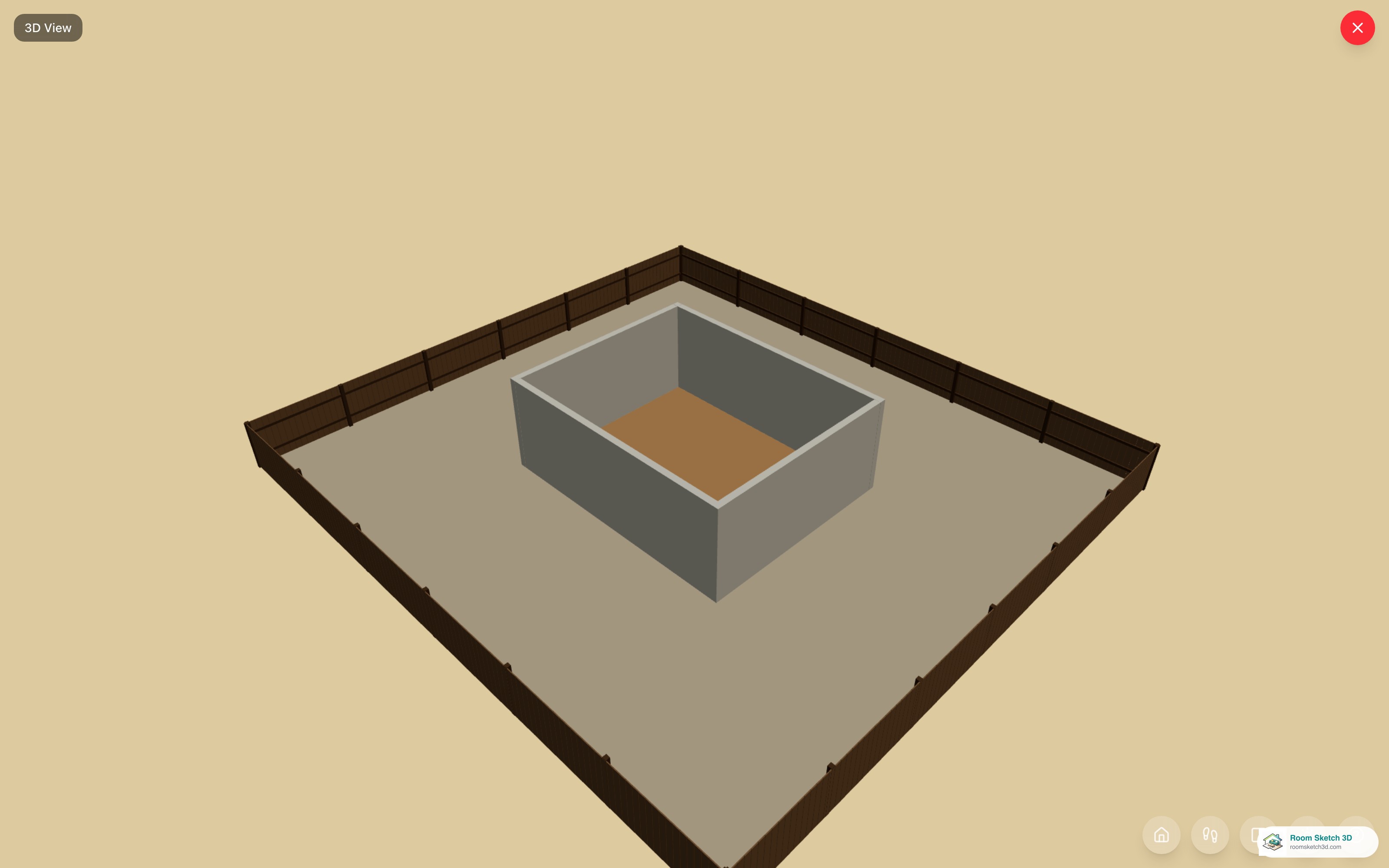 The 3D view showing the house inside a fenced yard — RoomSketch3D floor plan creator