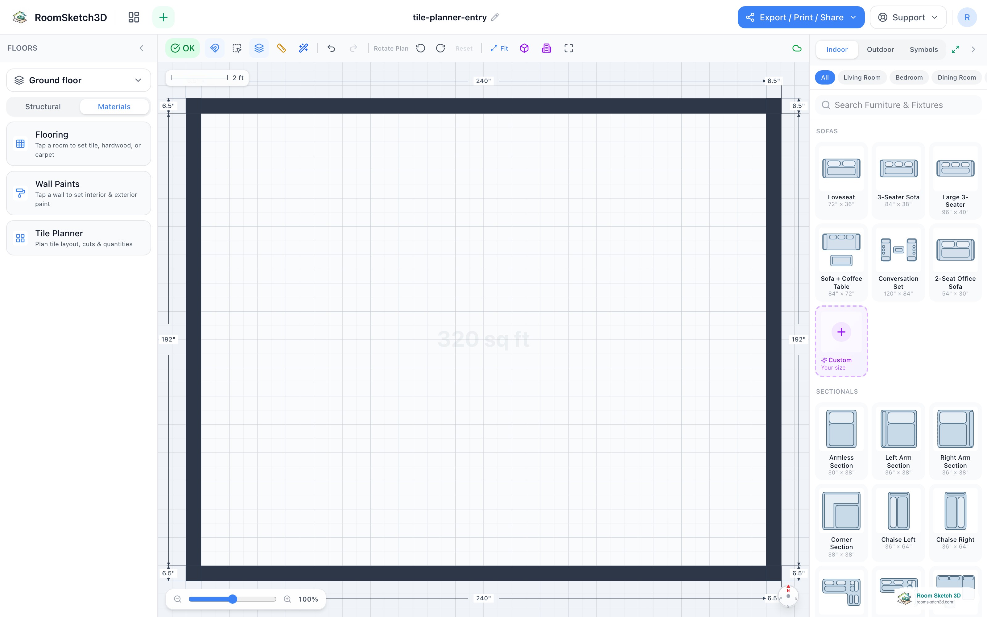 The Materials tab with the Tile Planner tile and its hint — RoomSketch3D home design app