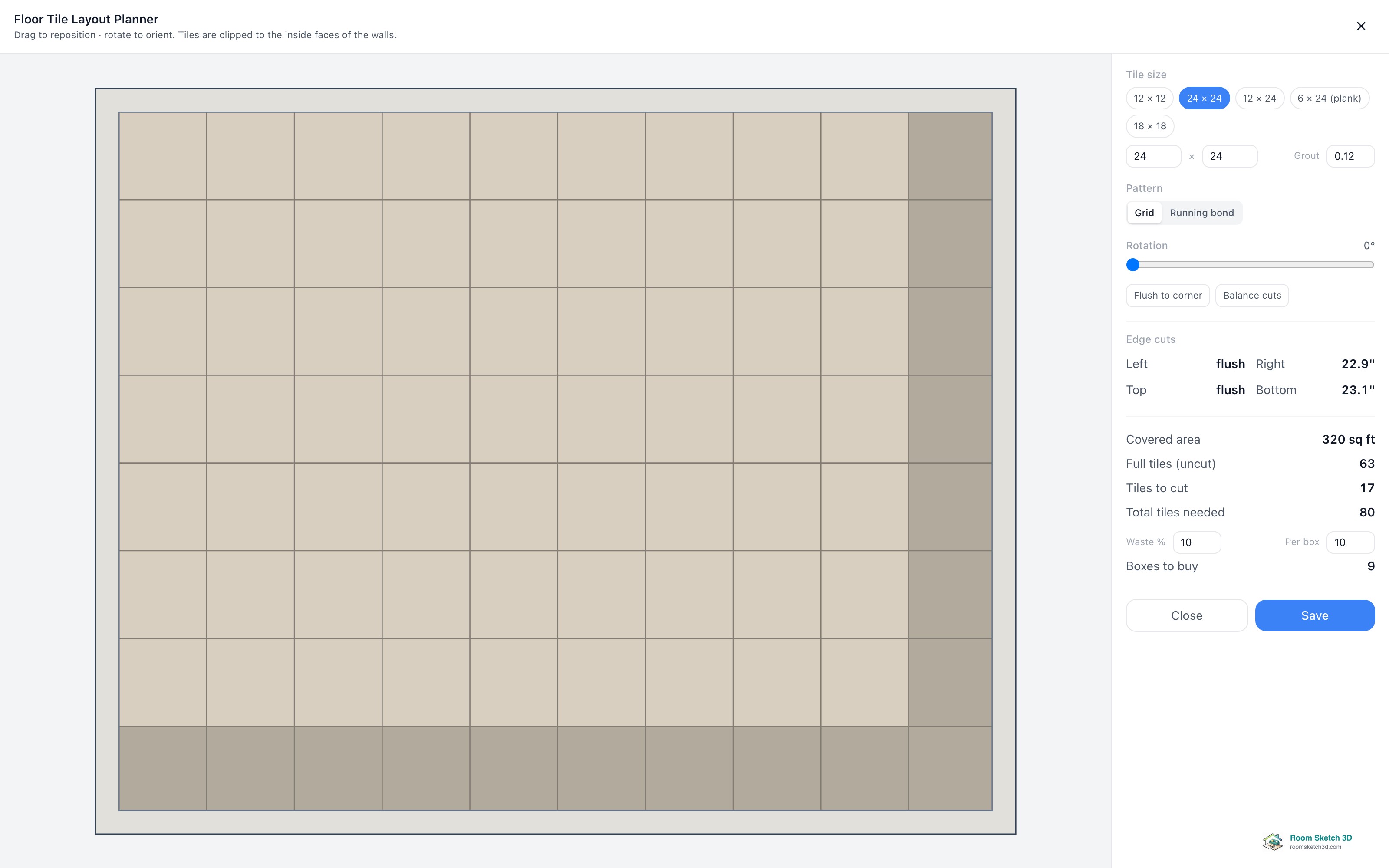 The estimate panel showing total tiles needed, waste percent, per box, and boxes to buy — RoomSketch3D floor planner