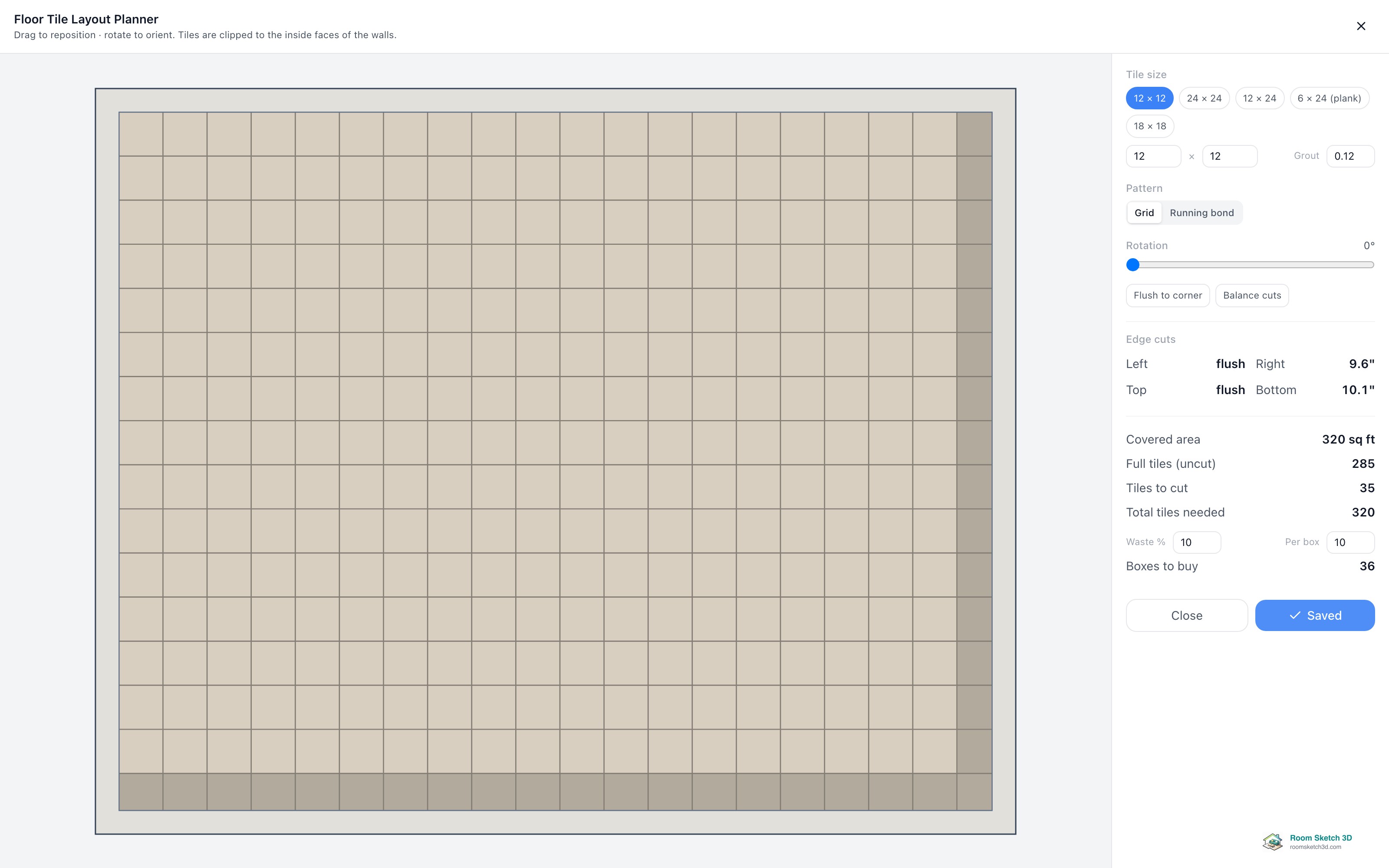 The planner after saving, with the Save button showing Saved — RoomSketch3D floor plan creator