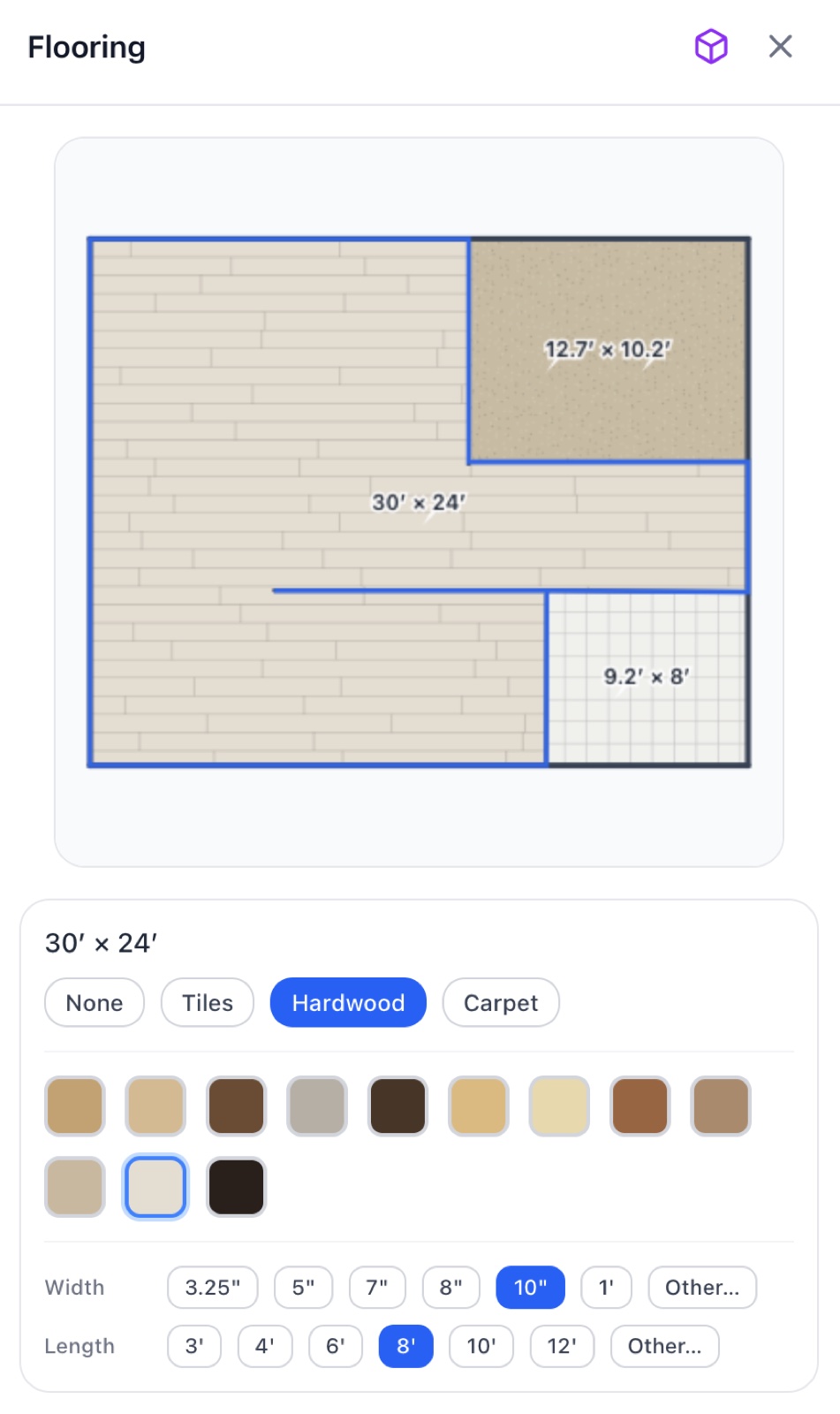 Flooring popup with hardwood tones and plank width and length choices — RoomSketch3D room planner app