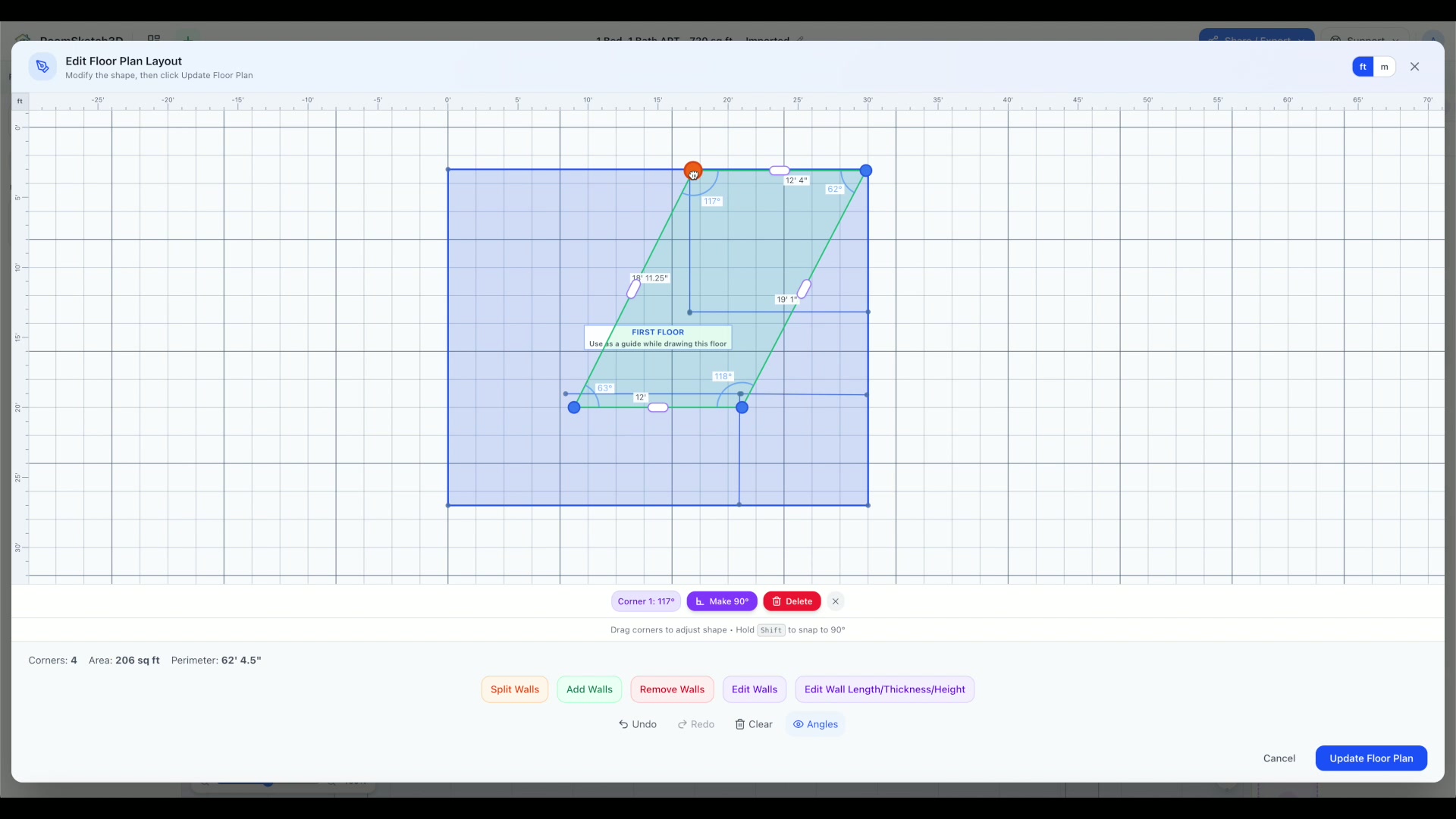 Floor plan editor with the first floor shown as a blue guide underlay while shaping the loft above