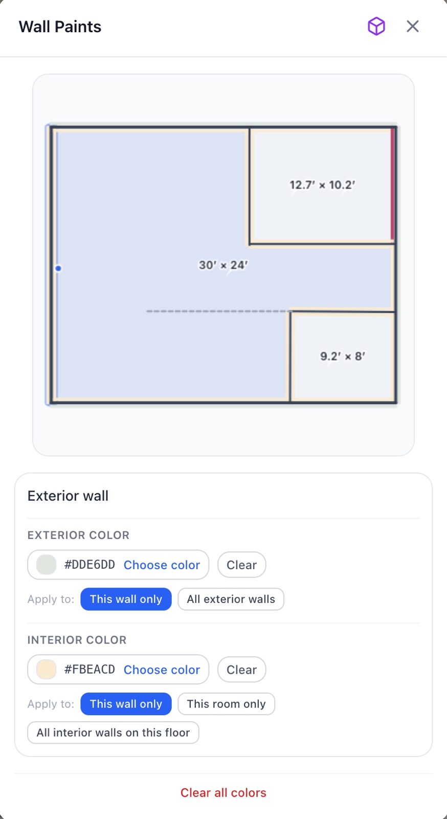 A selected exterior wall with exterior and interior colors chosen and the painted plan preview above — RoomSketch3D floor plan creator