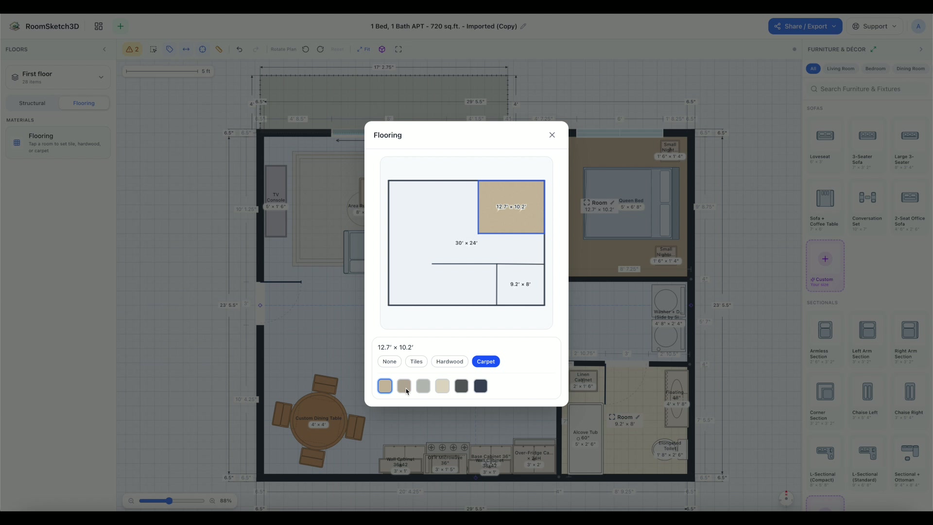 The Flooring panel with the bedroom selected and a beige carpet chosen