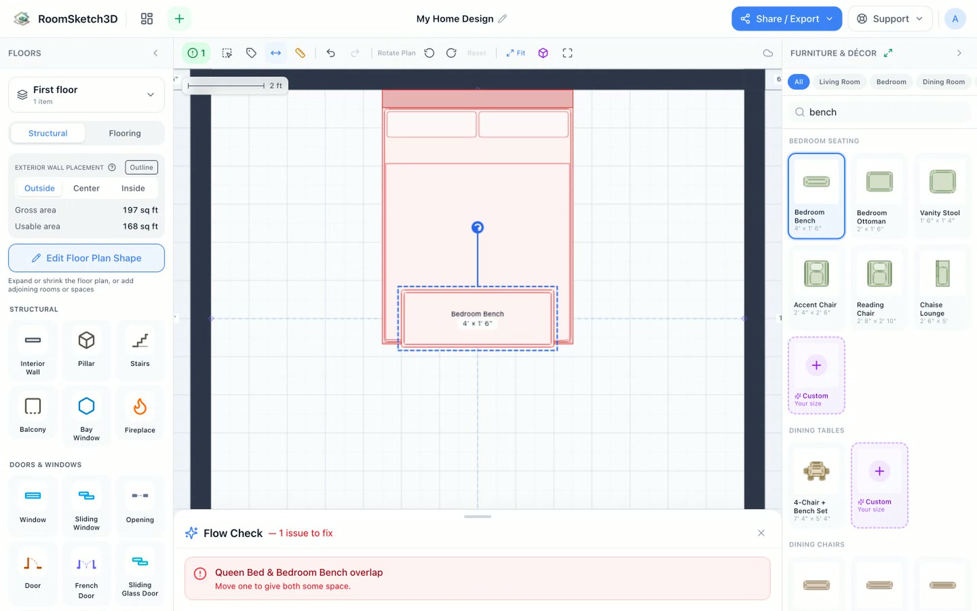 Smart Flow Check showing a red warning that the bench overlaps the Queen bed