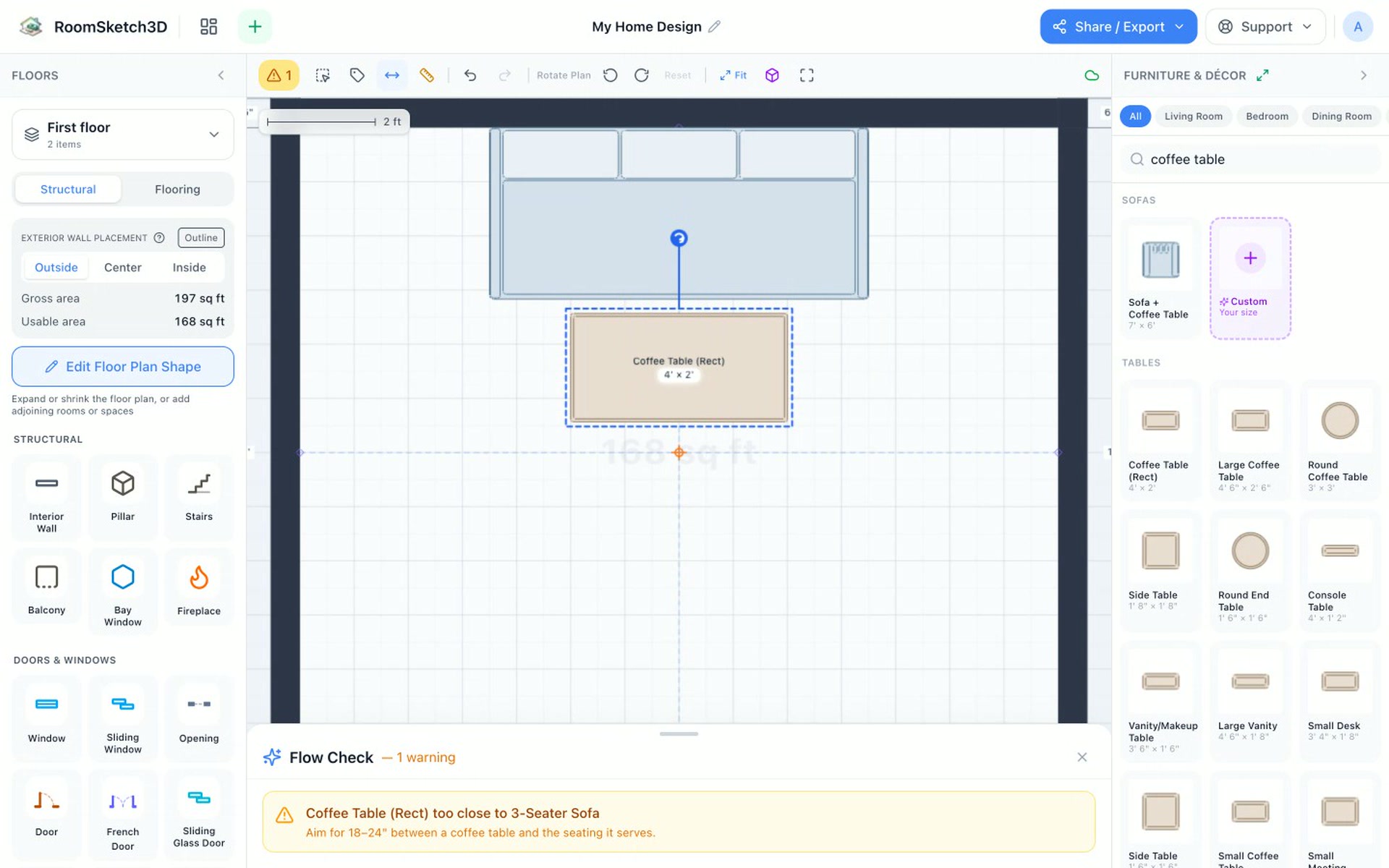 Smart Flow Check showing a yellow warning that the coffee table is too close to the sofa