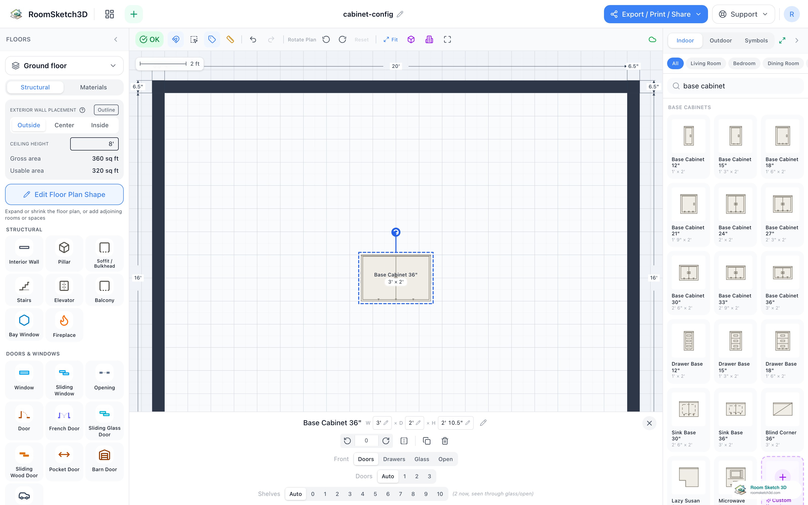 A base cabinet selected with its configuration inspector open — RoomSketch3D home design app