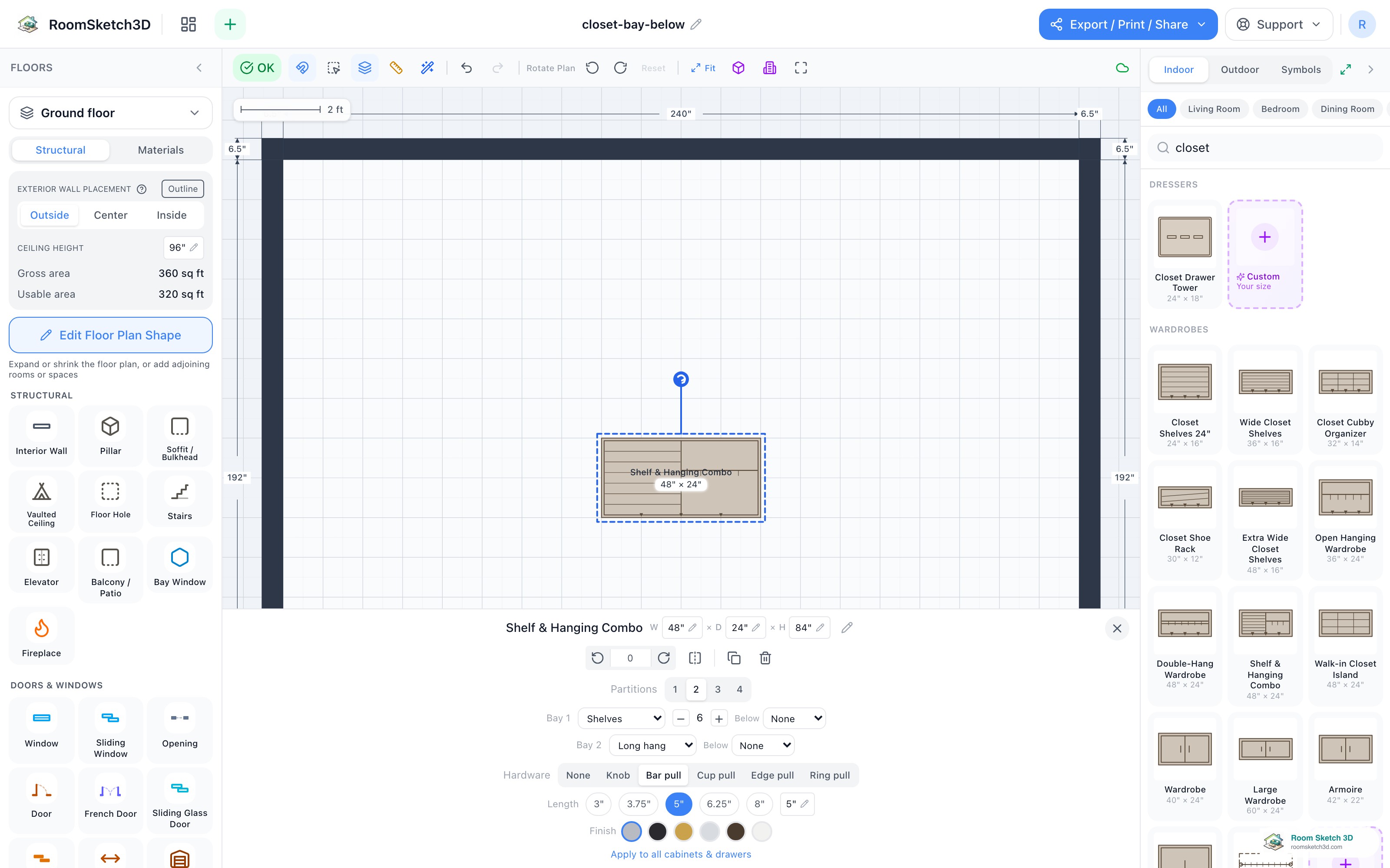 A closet bay with hanging up top and a Below zone set to drawers — RoomSketch3D floor plan creator