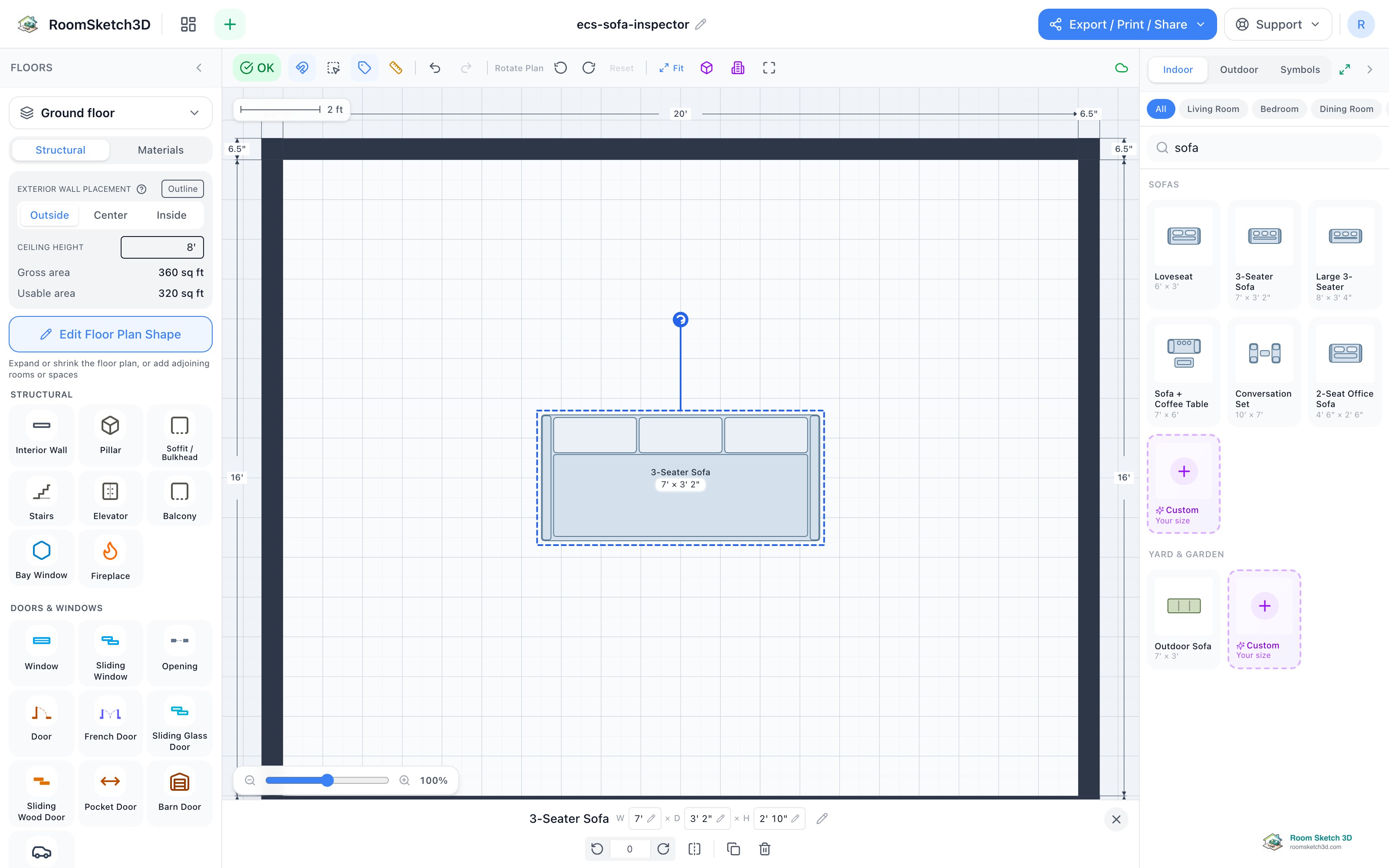 A selected sofa with editable width, depth, and height fields in the inspector — RoomSketch3D floor plan creator