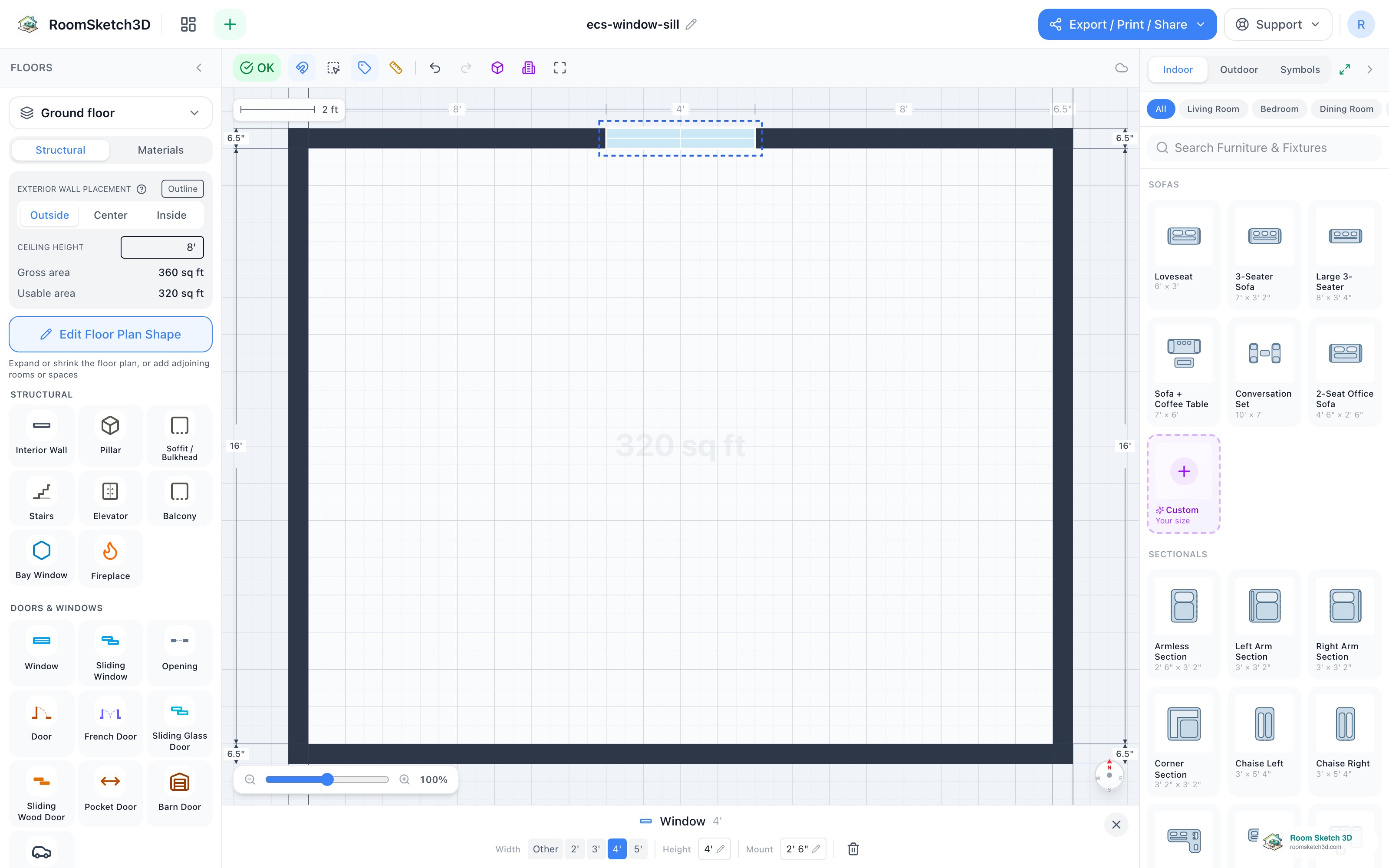 A selected window with its size fields in the inspector — RoomSketch3D 3D floorplan software