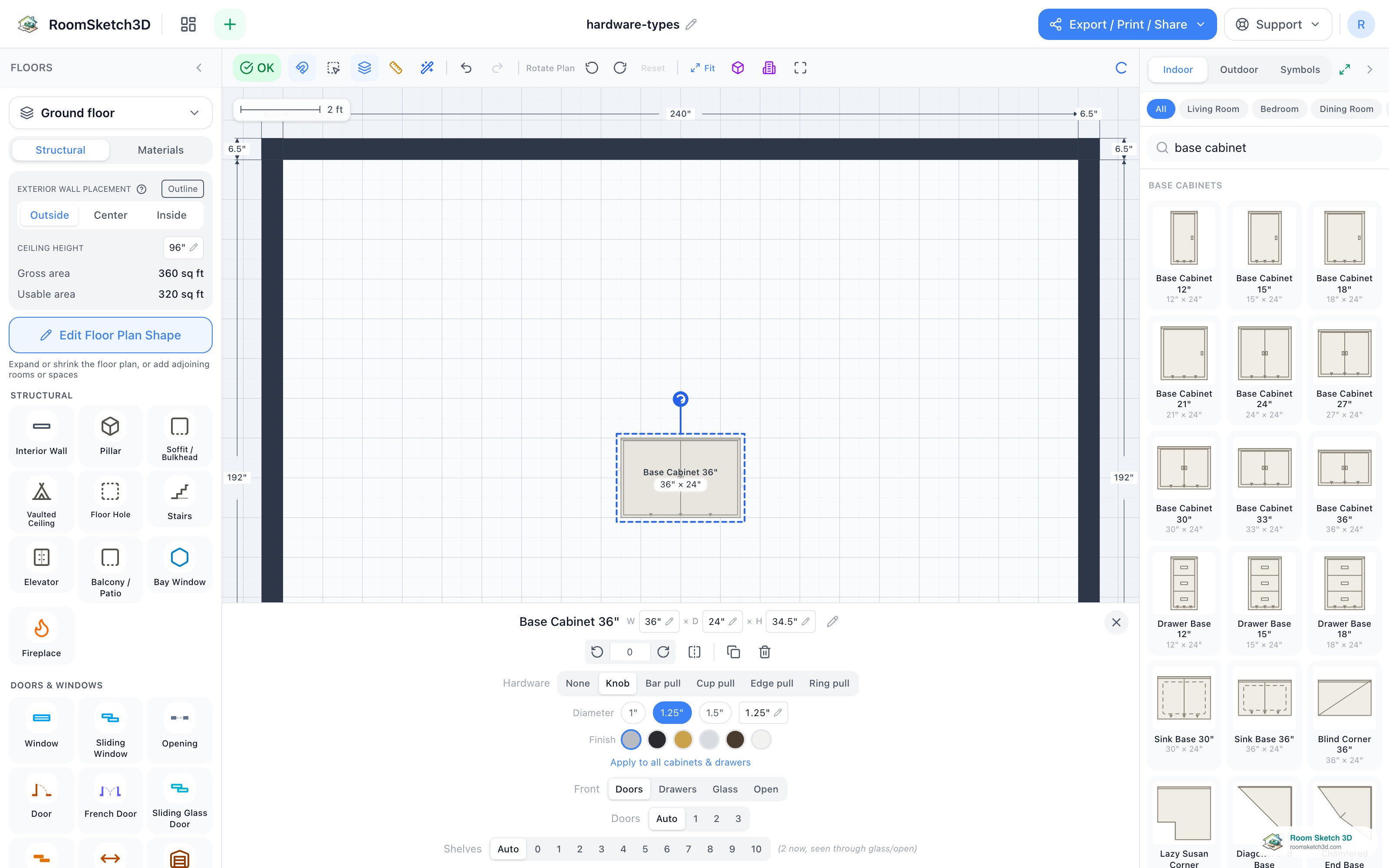 The hardware type chips showing Knob, Bar pull, Cup pull, Edge pull, and Ring pull — RoomSketch3D home design app