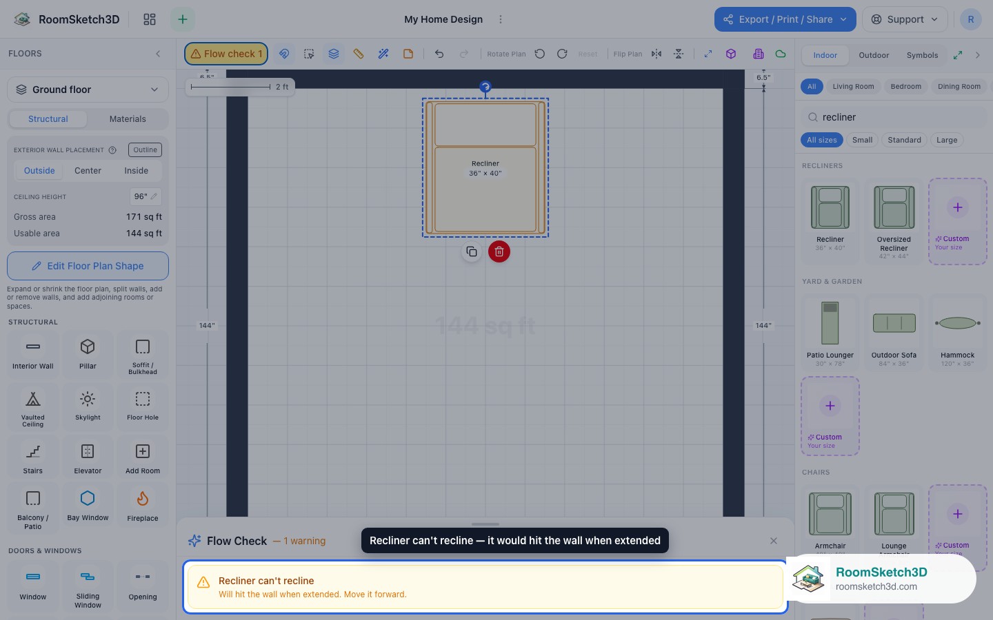 The Flow Check panel showing the warning 'Recliner can't recline — will hit the wall when extended' — RoomSketch3D home design app