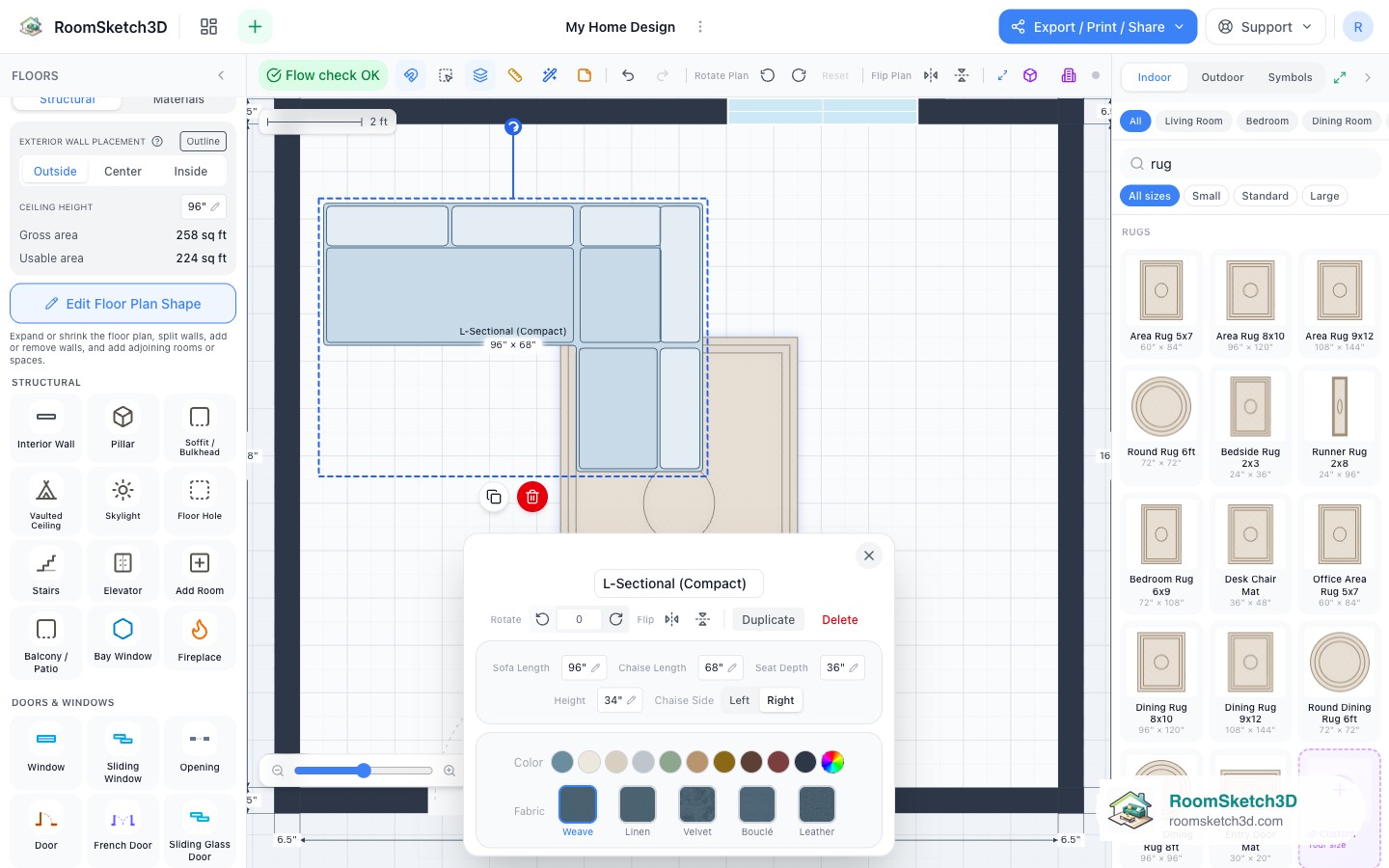 The RoomSketch3D inspector showing Rotate controls and the Flip left to right and Flip top to bottom buttons