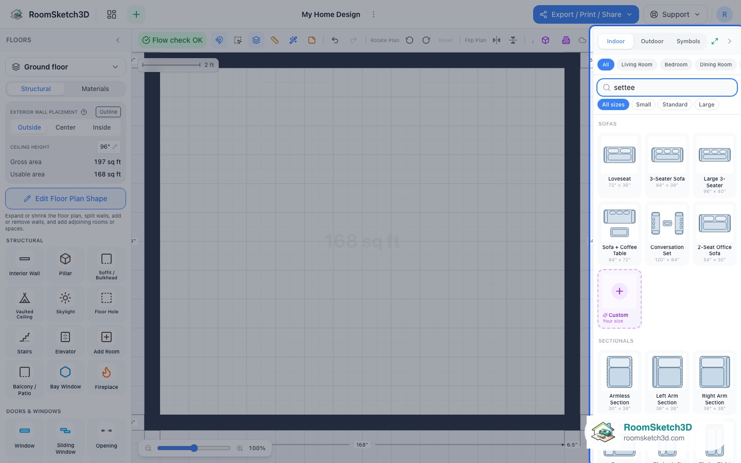 Searching 'settee' shows the sofa and loveseat tiles — RoomSketch3D 3D floorplan software