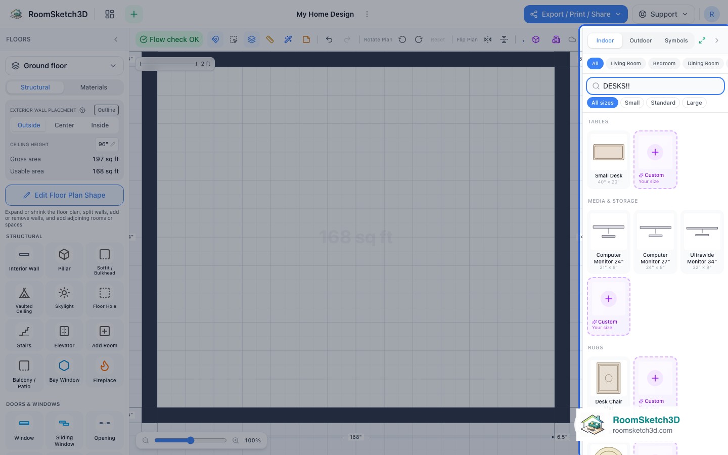 Searching 'DESKS!!' still lists the desks — RoomSketch3D floor planner