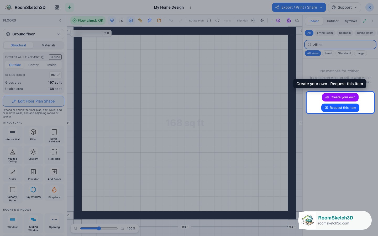 The no-matches state with the Create your own and Request this item buttons — RoomSketch3D floor plan creator