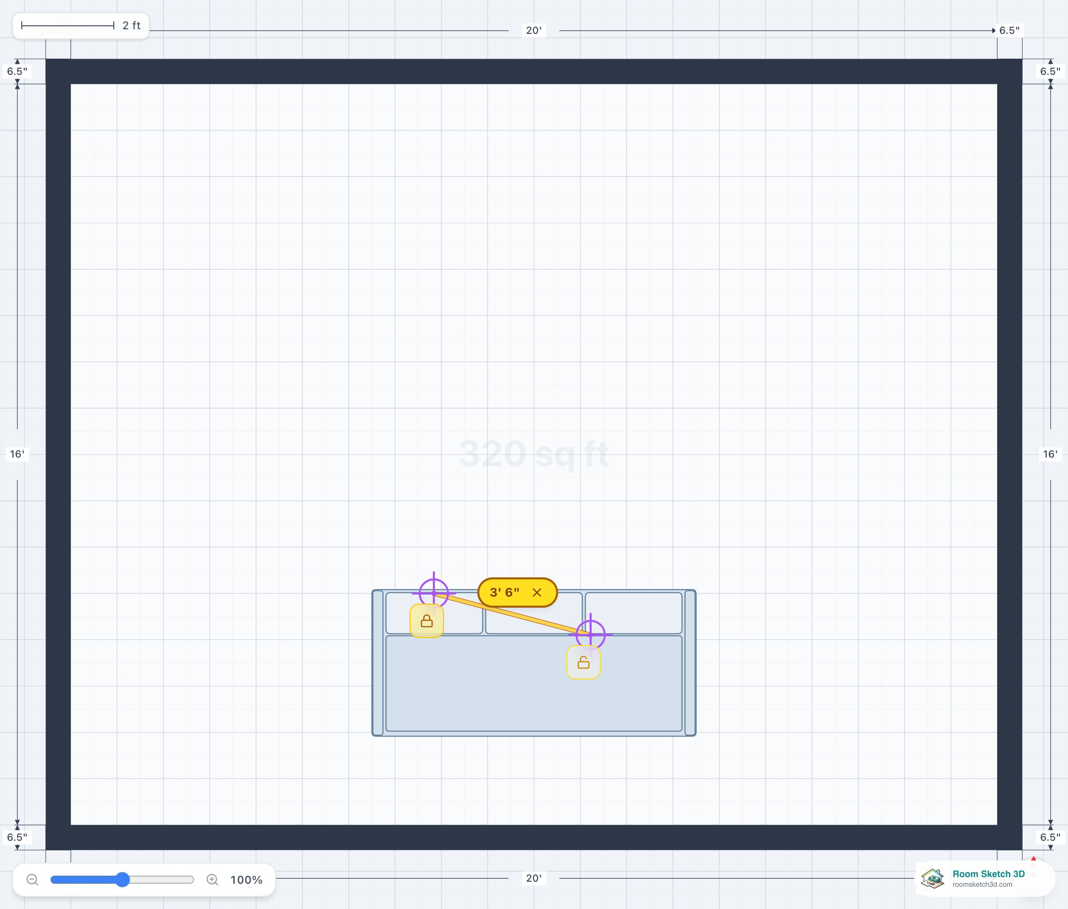 The tape measure stretched across the floor plan showing a live distance — RoomSketch3D room planner app