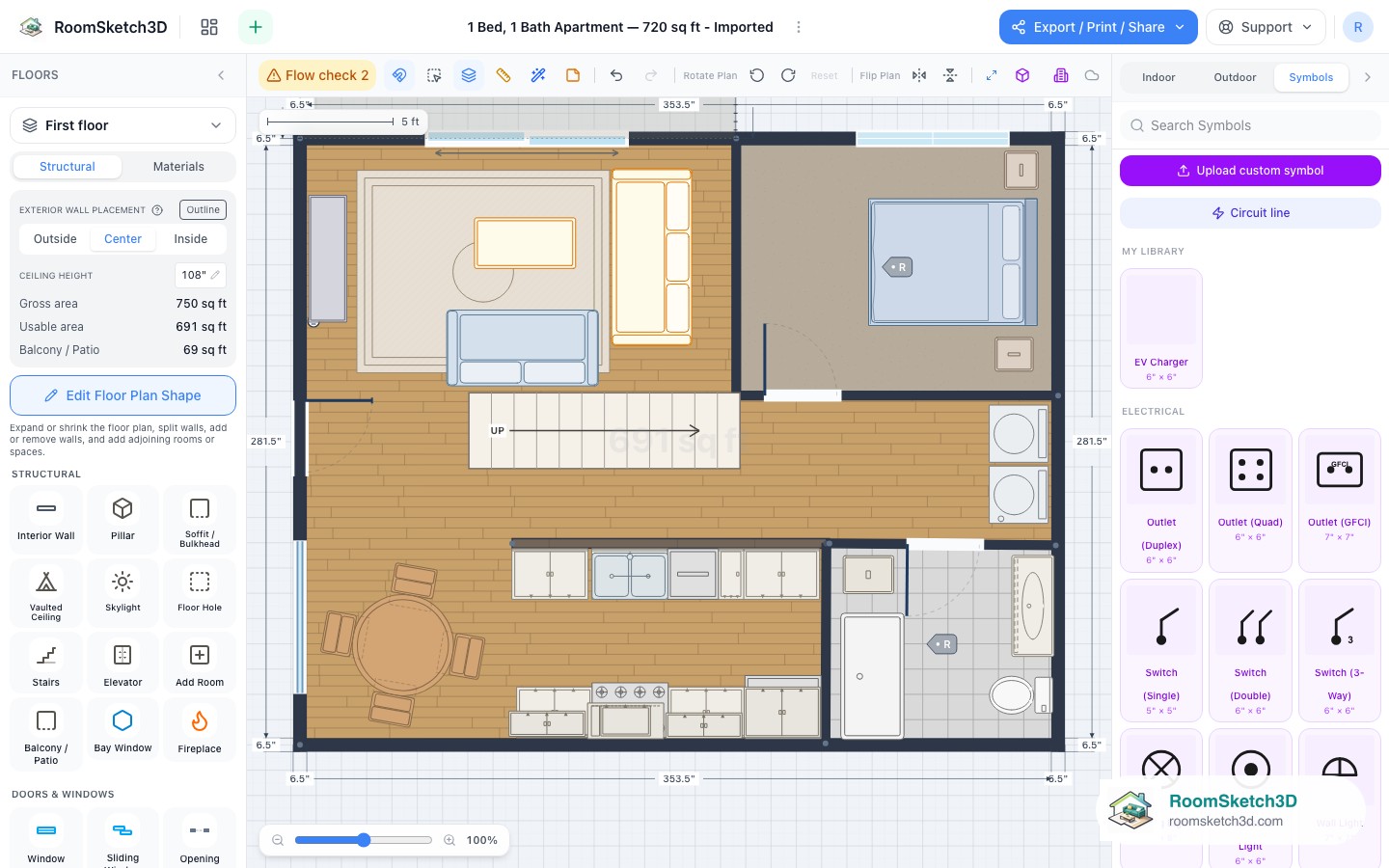 A custom EV Charger symbol listed under My Library in the RoomSketch3D Symbols panel