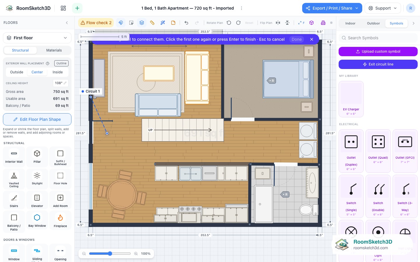 A circuit line connecting a wall outlet to a custom uploaded EV charger symbol in RoomSketch3D