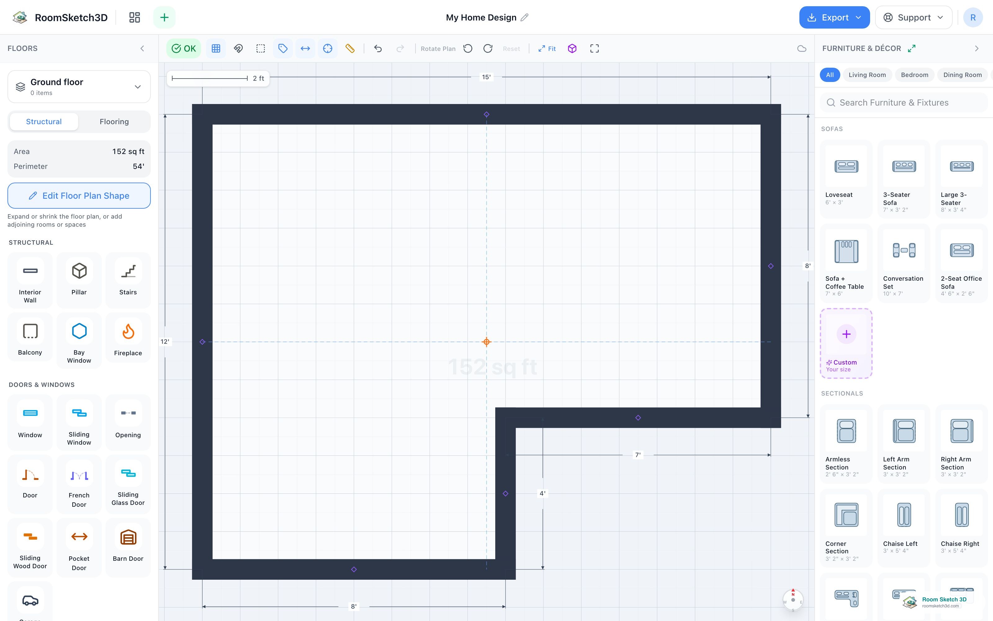The main RoomSketch3D editor showing the finished L-shaped floor plan, with the Build Panel on the left and the Furniture catalog on the right