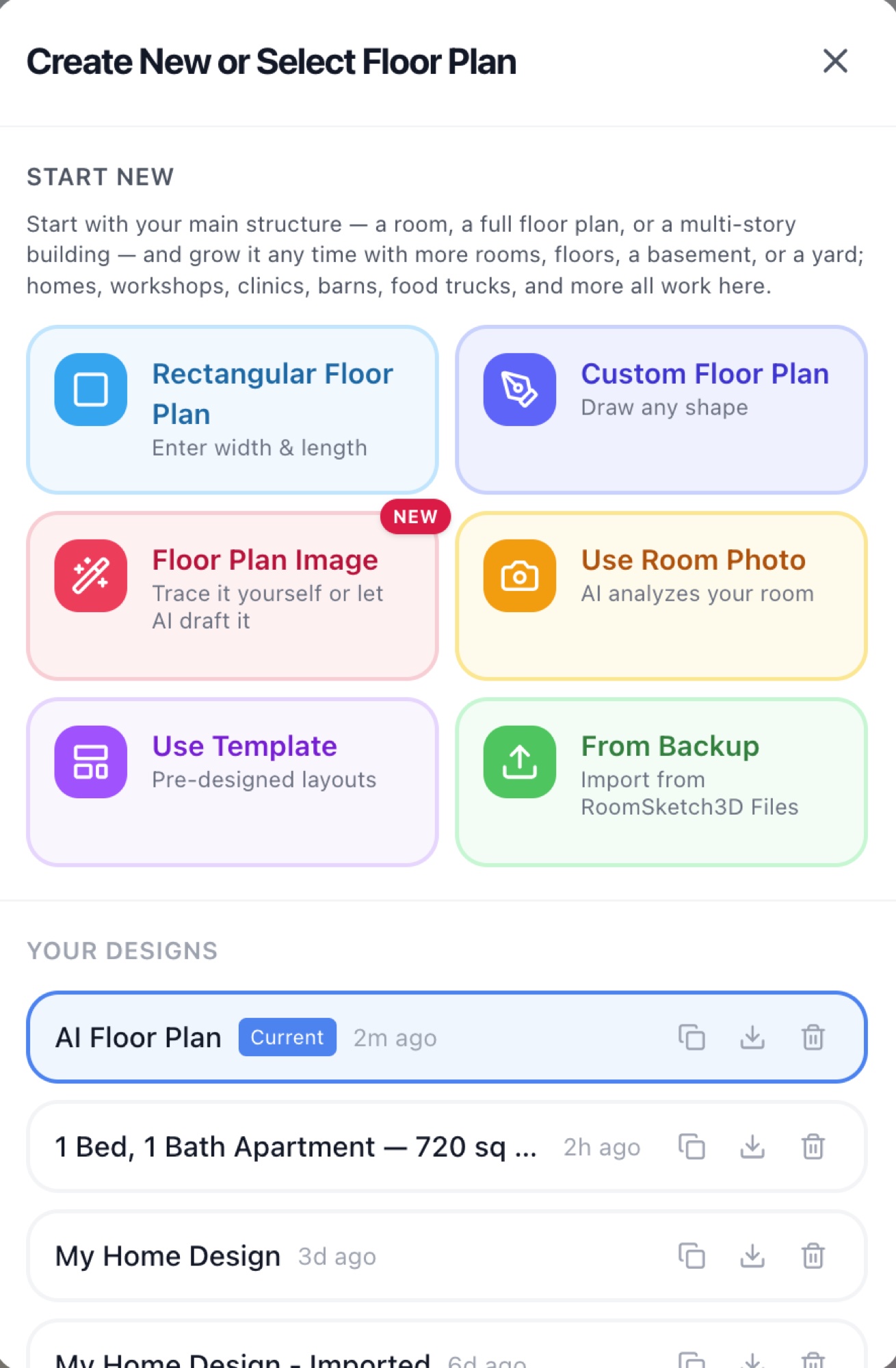 The Create New or Select Floor Plan dialog with the Floor Plan Image tile — RoomSketch3D 3D floorplan software