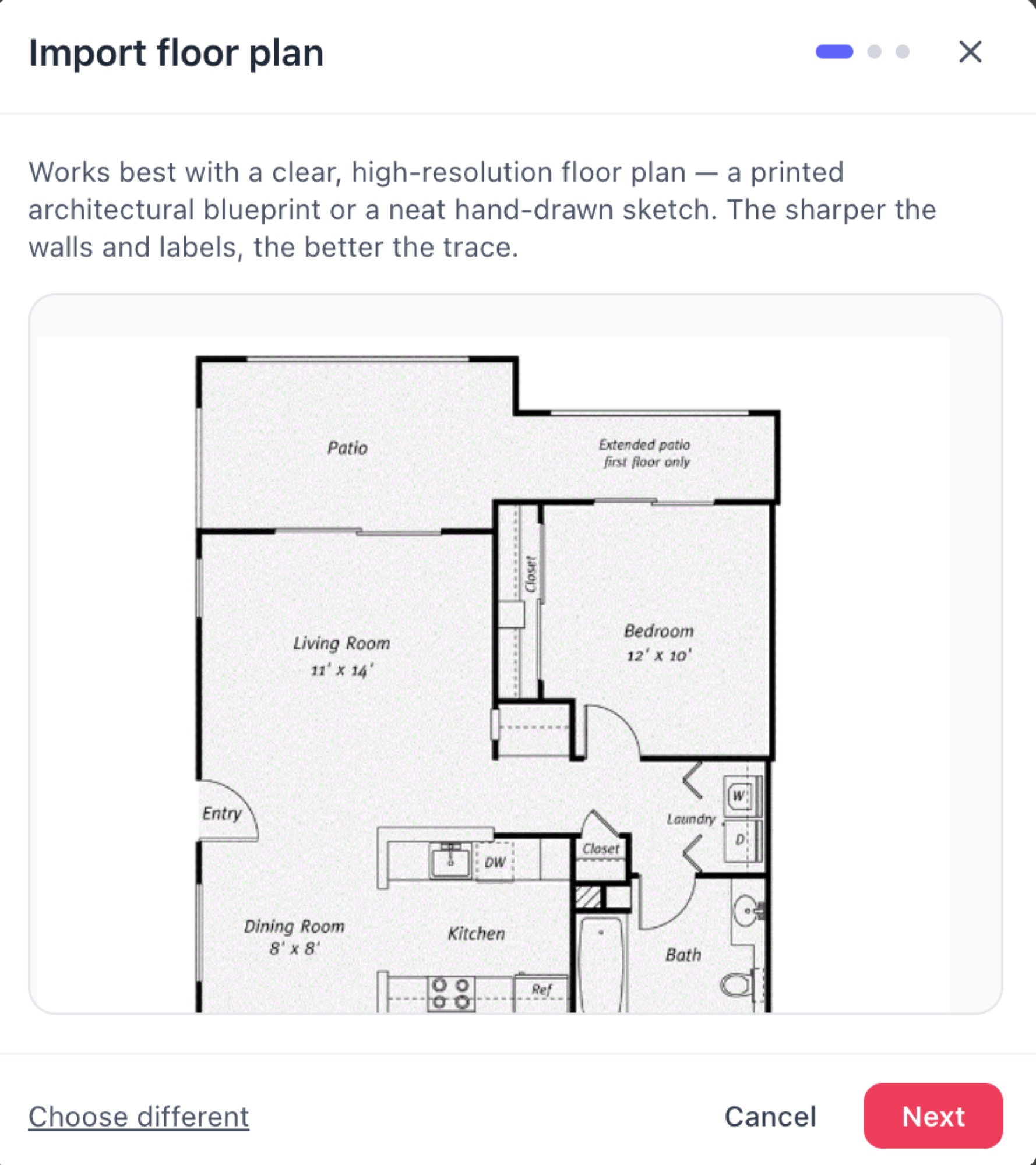 The import floor plan preview step showing an apartment blueprint — RoomSketch3D home design app