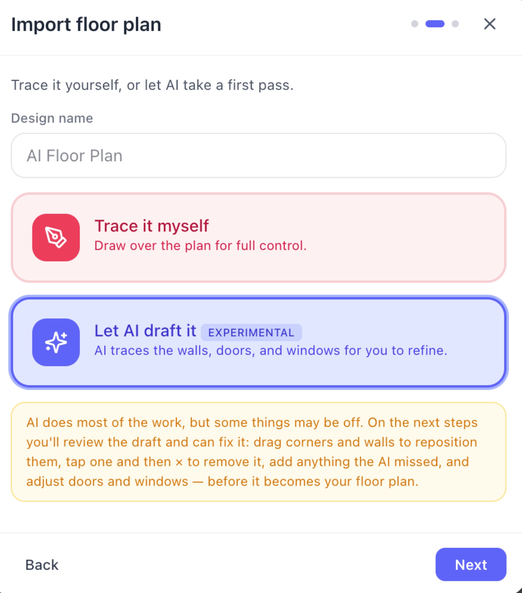 The mode choice between Trace it myself and Let AI draft it (Experimental) — RoomSketch3D room planner app