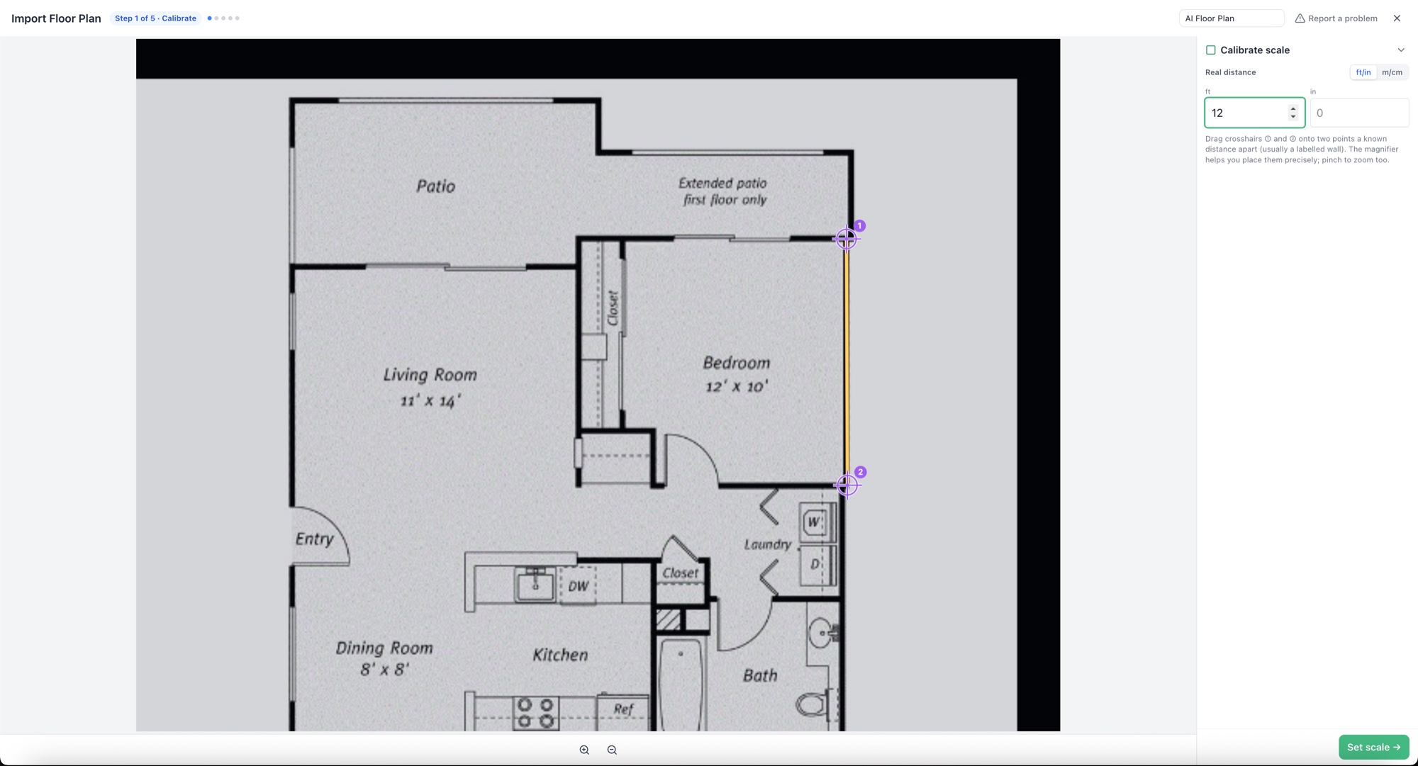 Calibrate step with two crosshairs on a 12-foot wall and the real distance entered — RoomSketch3D home design app