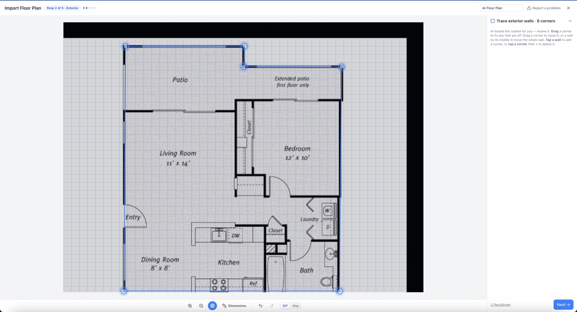 Exterior step showing the AI-traced outline with six corners over the blueprint — RoomSketch3D home design app