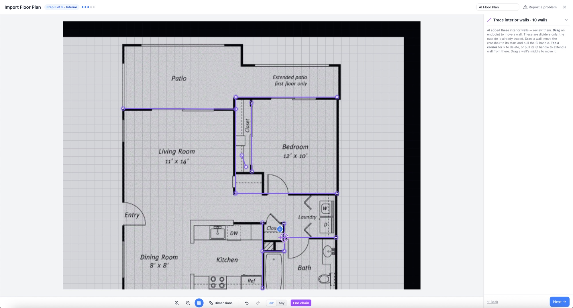 Interior step showing AI-detected interior walls over the blueprint — RoomSketch3D home design app