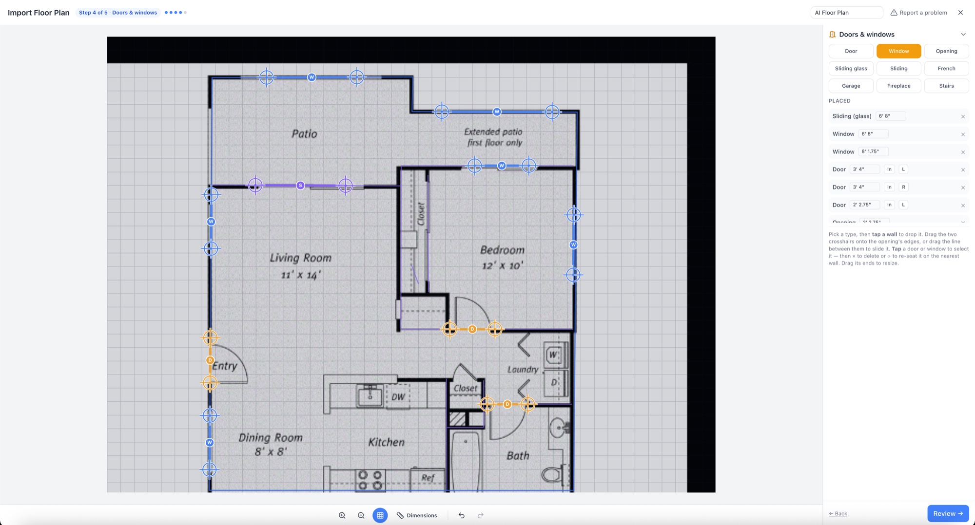 Doors & windows step with type chips and the Placed list of detected openings — RoomSketch3D home design app