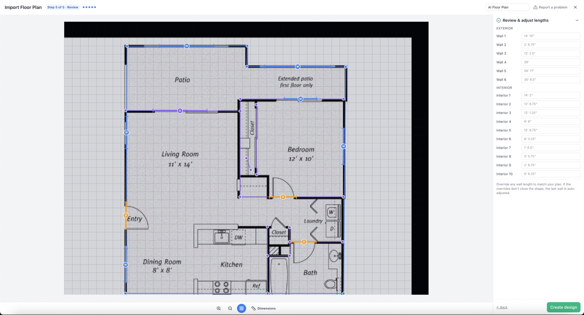Review step with editable length fields for exterior and interior walls — RoomSketch3D room planner app