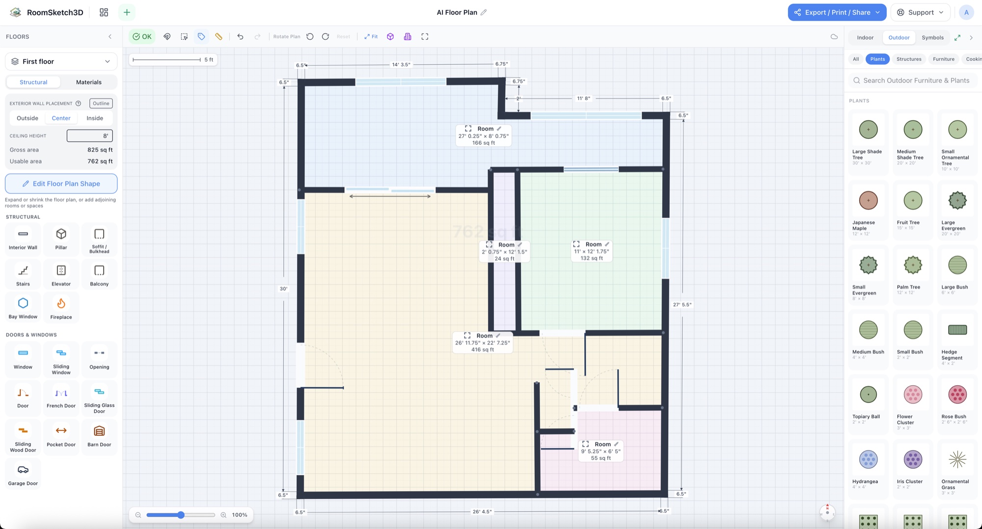 The finished imported plan in the 2D editor with detected rooms and dimensions — RoomSketch3D room planner app