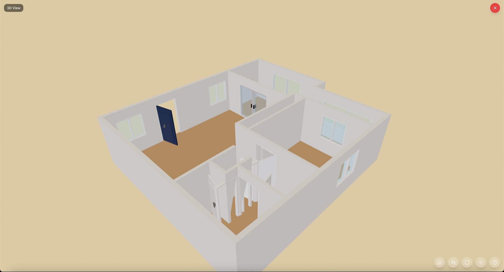 The imported floor plan shown in 3D with doors and windows placed — RoomSketch3D floor planner