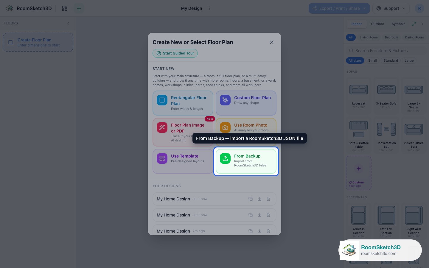 The From Backup tile highlighted in the New Design window — RoomSketch3D room planner app