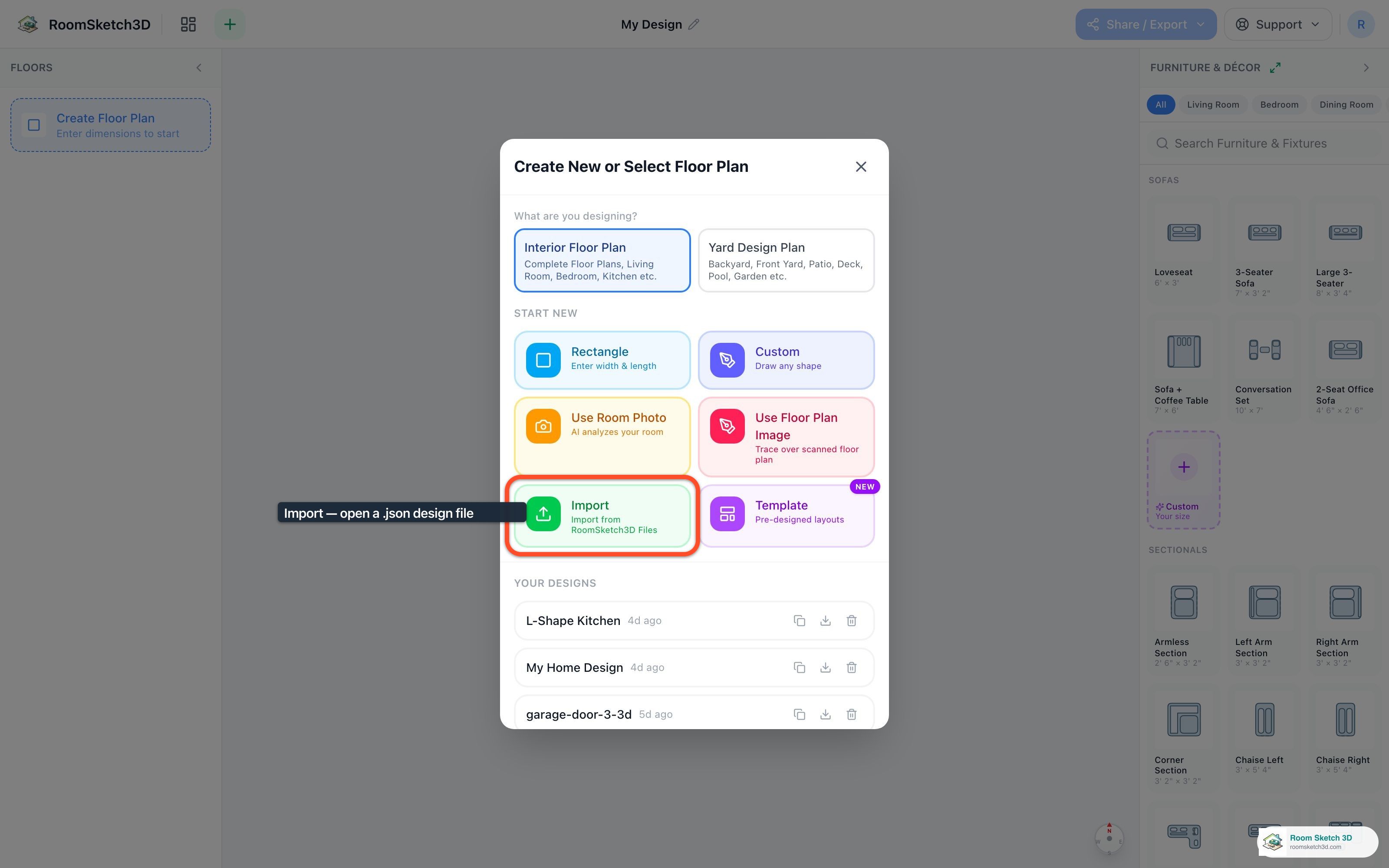 The Import tile highlighted in the New Design window