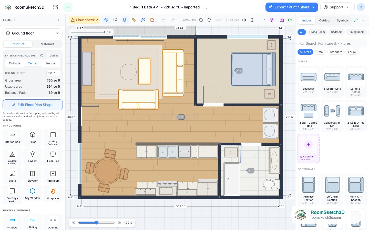The imported apartment plan open in the editor — RoomSketch3D floor plan creator