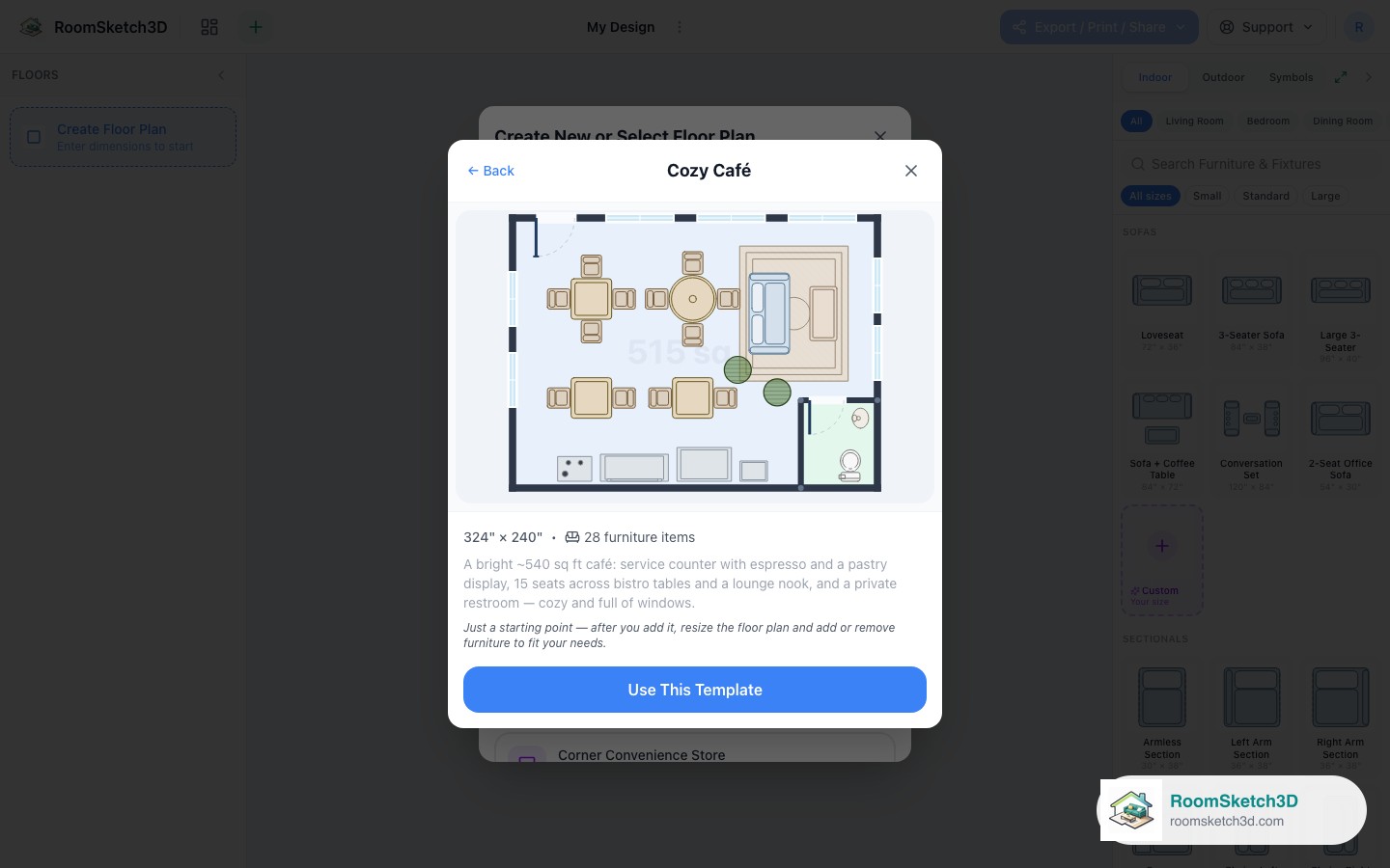 The Cozy Café template preview in RoomSketch3D