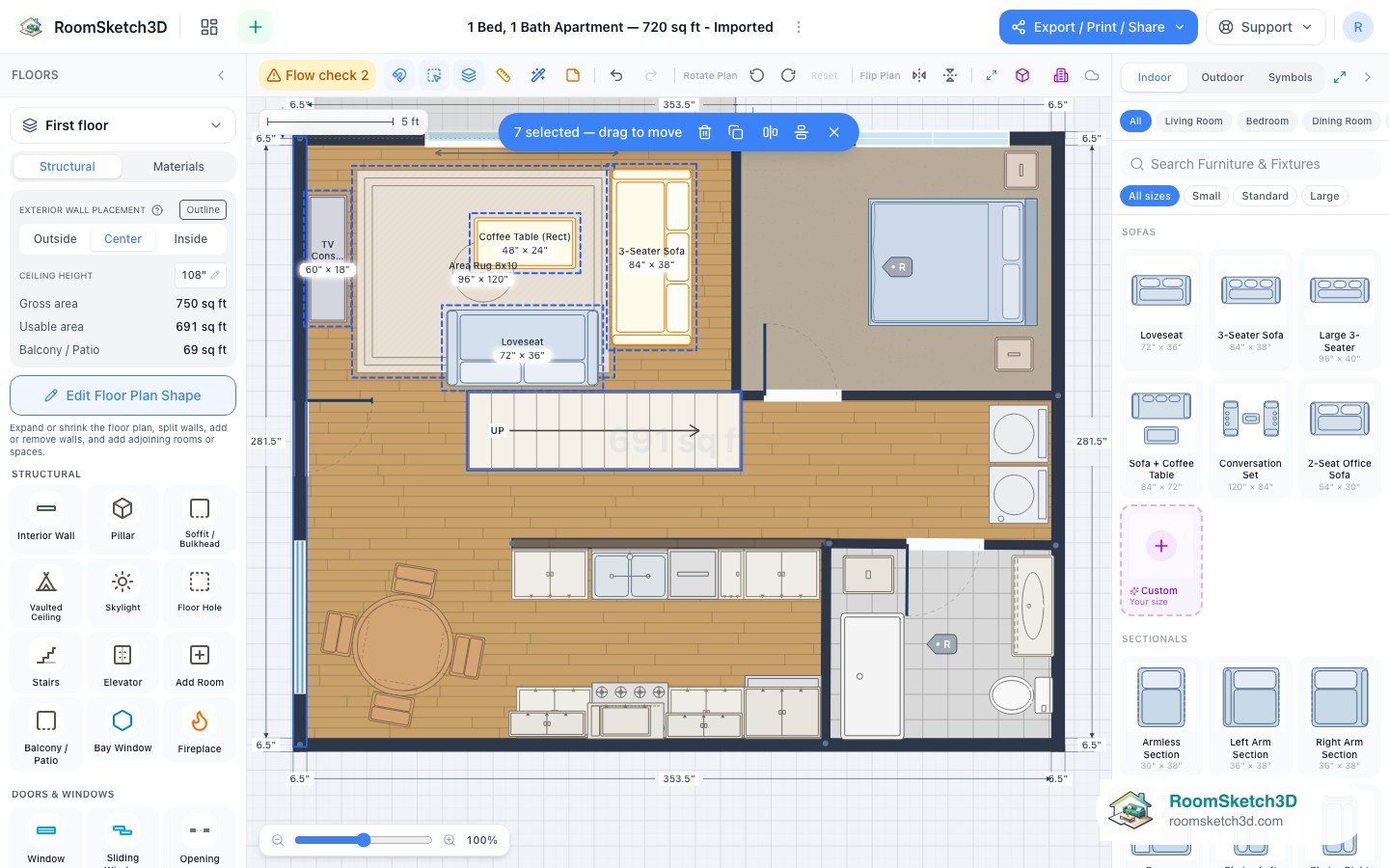 A multi-selection in RoomSketch3D that includes an interior wall alongside furniture