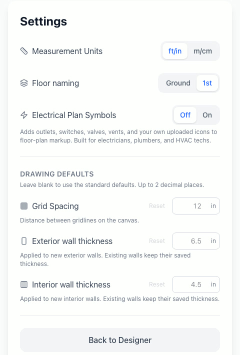 The RoomSketch3D Settings page showing units, floor naming, electrical symbols, and drawing defaults