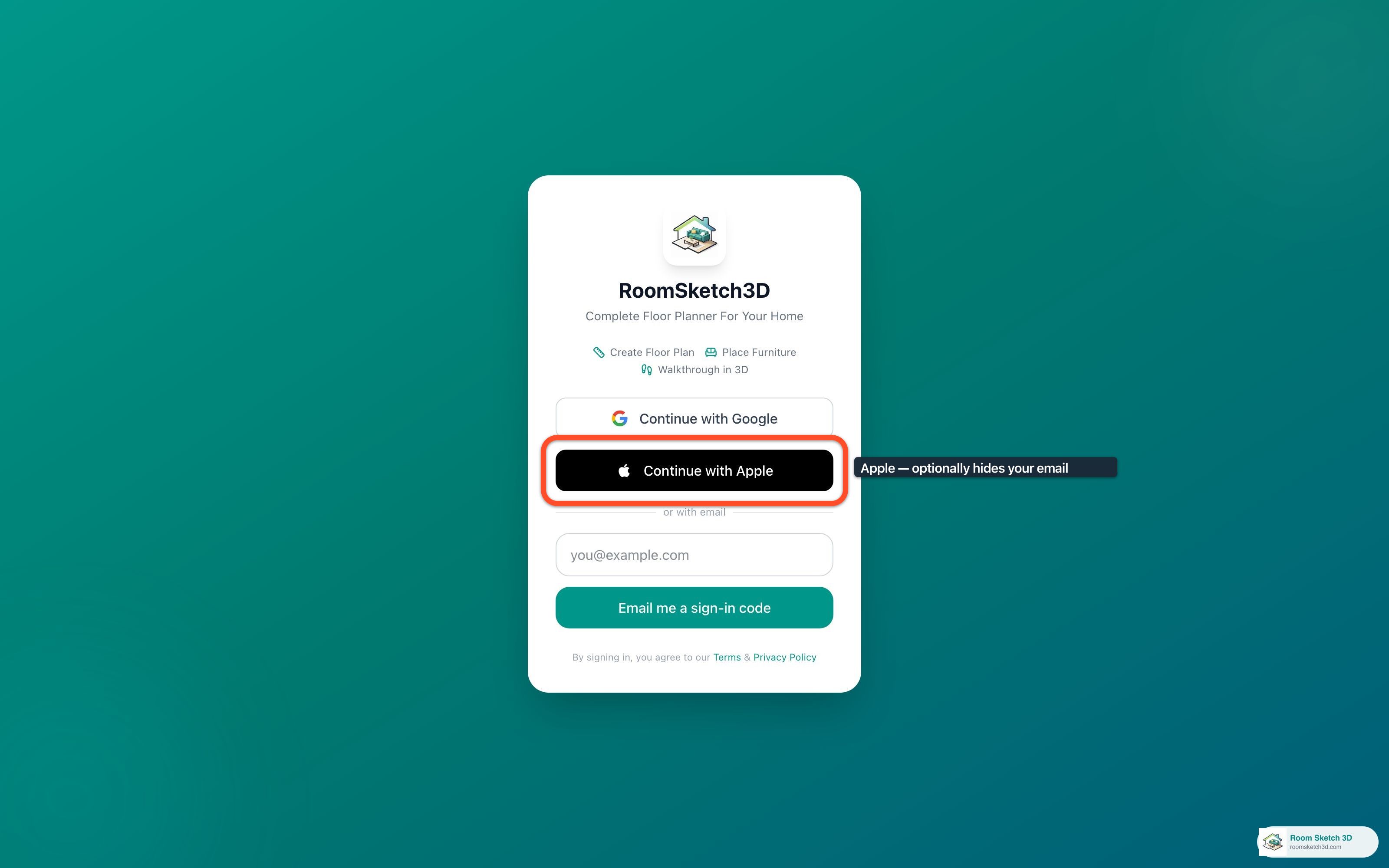 The sign-in page with the Continue with Apple button highlighted by an orange outline