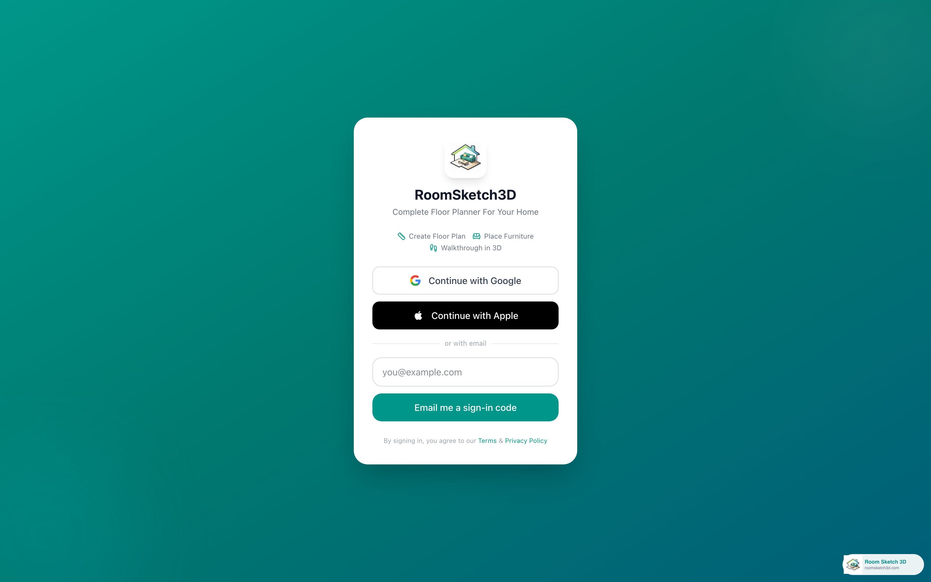The RoomSketch3D sign-in page showing the Continue with Google button, Continue with Apple button, an email field, and an Email me a sign-in code button